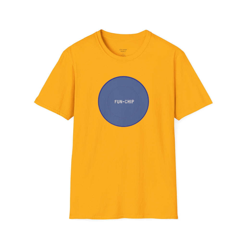 Sta-Krisp Fun Chip T-Shirt, "Fun Chip" on front, and "Barrel O'Fun image on back. Reproduced true to an original Blue chip found in a bag of Sta-Krisp potato chips.