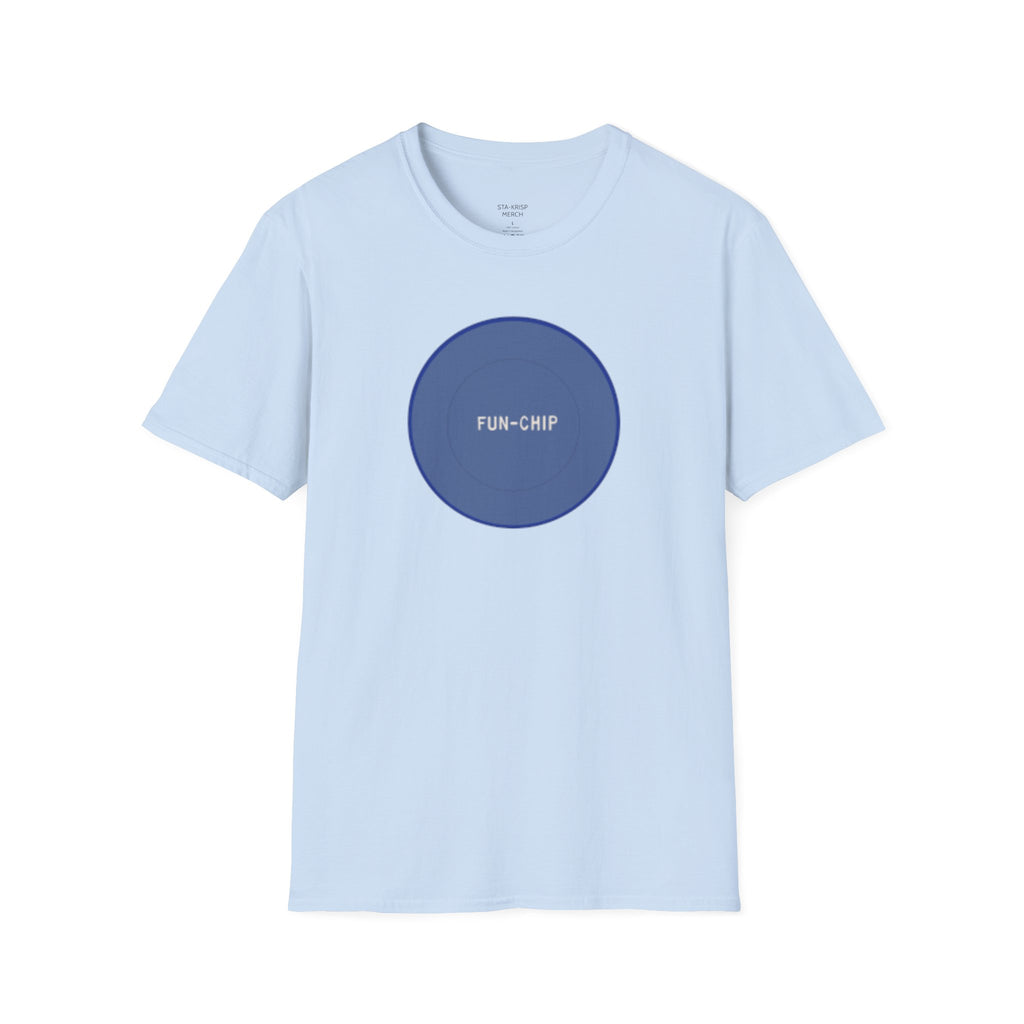 Sta-Krisp Fun Chip T-Shirt, "Fun Chip" on front, and "Barrel O'Fun image on back. Reproduced true to an original Blue chip found in a bag of Sta-Krisp potato chips.