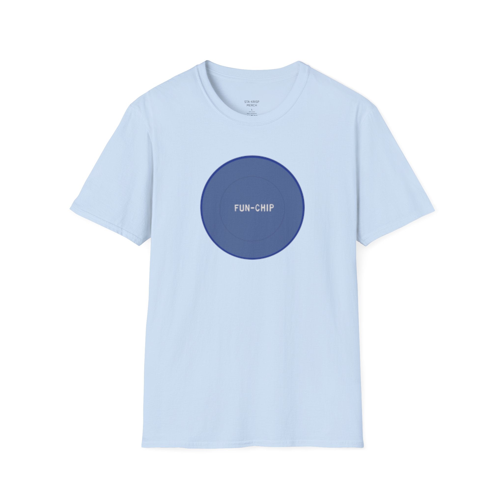 Sta-Krisp Fun Chip T-Shirt, "Fun Chip" on front, and "Barrel O'Fun image on back. Reproduced true to an original Blue chip found in a bag of Sta-Krisp potato chips.
