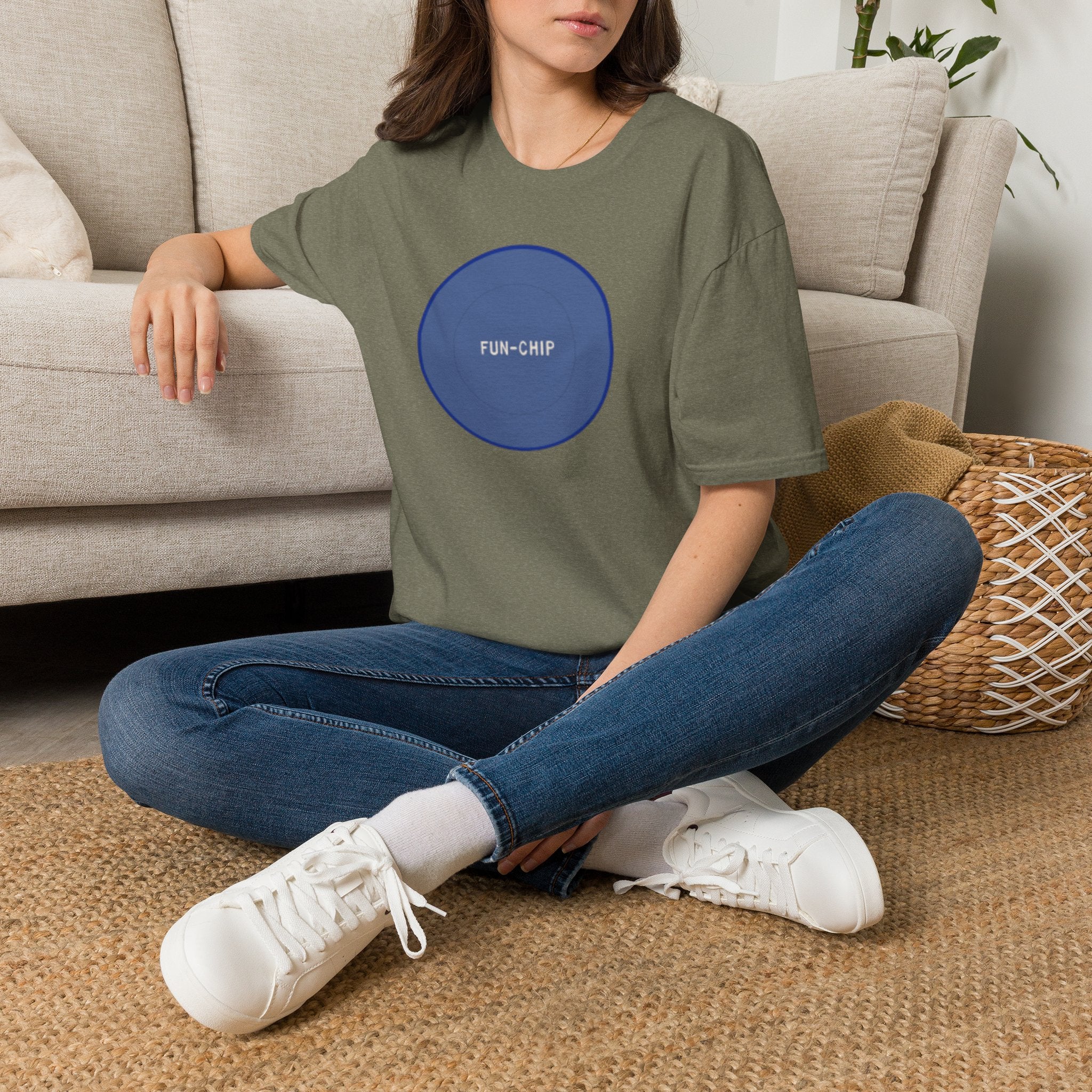 Sta-Krisp Fun Chip T-Shirt, "Fun Chip" on front, and "Barrel O'Fun image on back. Reproduced true to an original Blue chip found in a bag of Sta-Krisp potato chips.