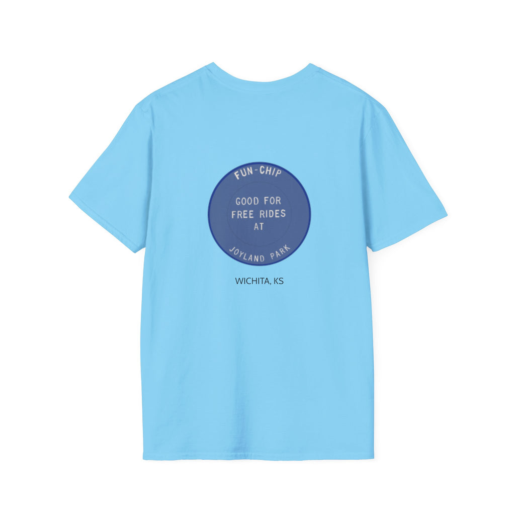 Sta-Krisp Fun Chip T-Shirt, image reproduced from an actual fun chip. "Good for free rides at joyland Park" on back, "Sta-Krisp Potato Chips, Fun Chip" on Front.