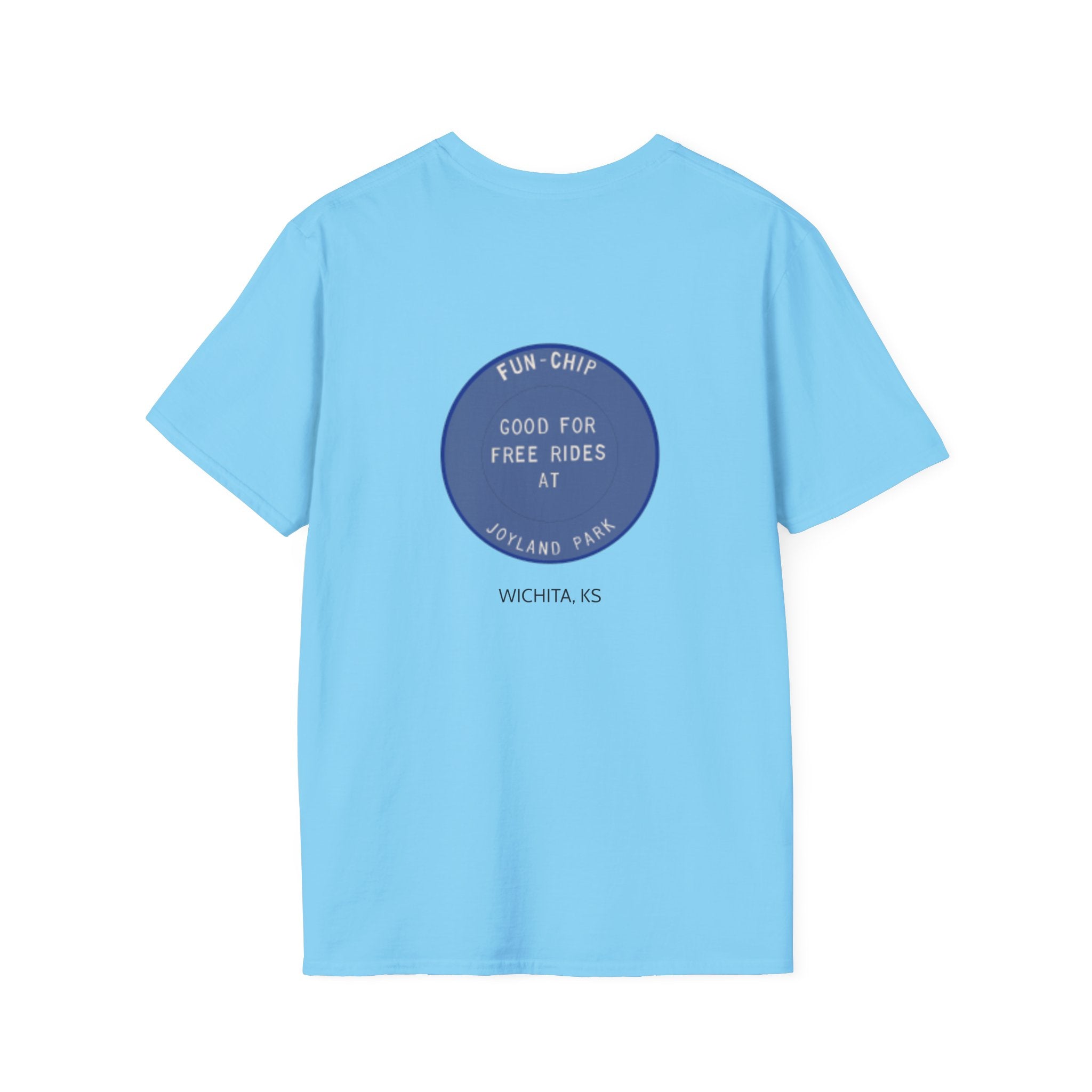 Sta-Krisp Fun Chip T-Shirt, image reproduced from an actual fun chip. "Good for free rides at joyland Park" on back, "Sta-Krisp Potato Chips, Fun Chip" on Front.