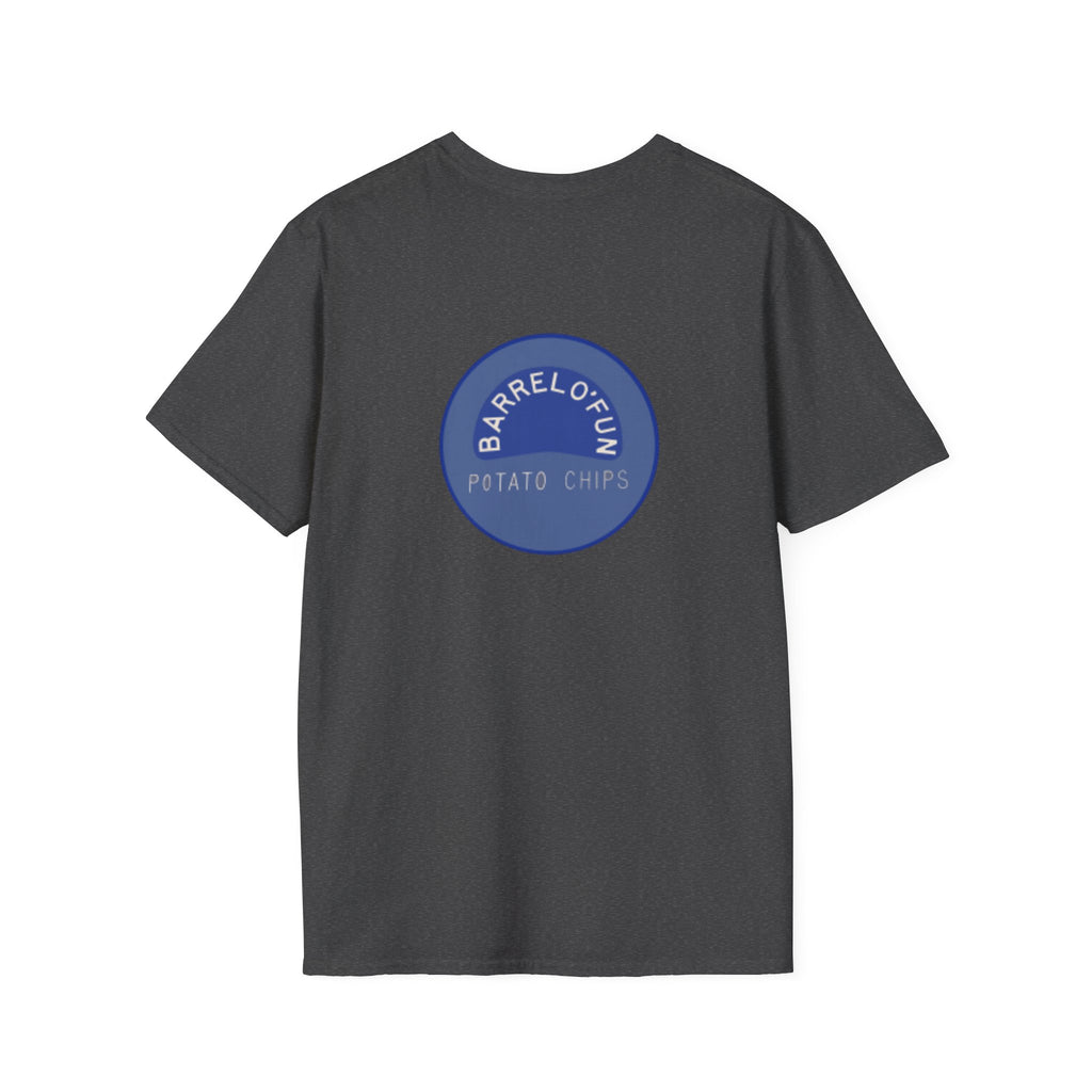 Sta-Krisp Fun Chip T-Shirt, "Fun Chip" on front, and "Barrel O'Fun image on back. Reproduced true to an original Blue chip found in a bag of Sta-Krisp potato chips.