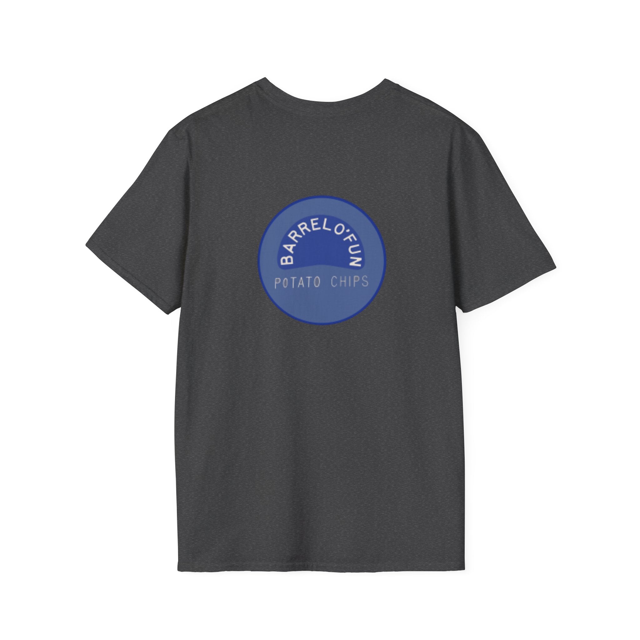 Sta-Krisp Fun Chip T-Shirt, "Fun Chip" on front, and "Barrel O'Fun image on back. Reproduced true to an original Blue chip found in a bag of Sta-Krisp potato chips.