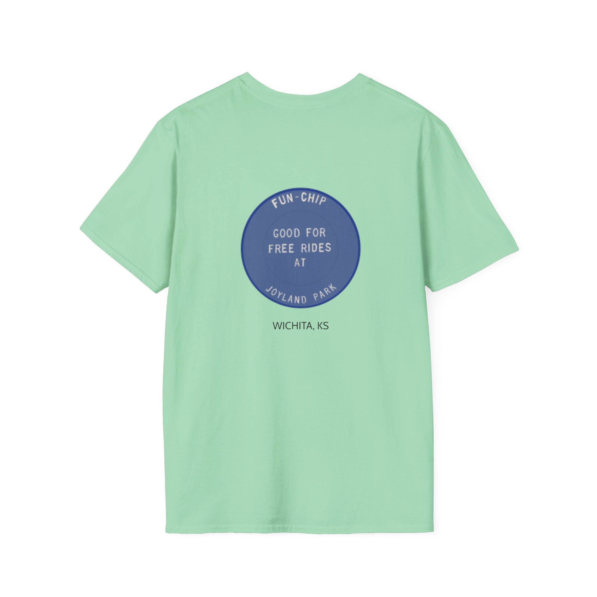 Sta-Krisp Fun Chip T-Shirt, image reproduced from an actual fun chip. "Good for free rides at joyland Park" on back, "Sta-Krisp Potato Chips, Fun Chip" on Front.