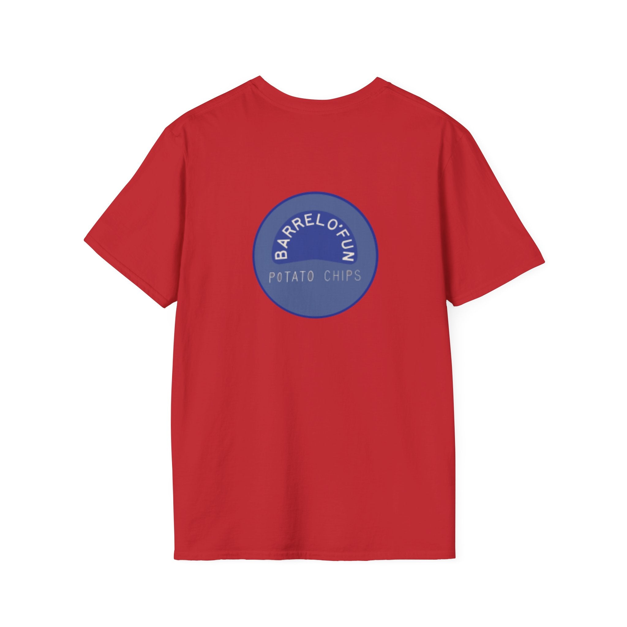 Sta-Krisp Fun Chip T-Shirt, "Fun Chip" on front, and "Barrel O'Fun image on back. Reproduced true to an original Blue chip found in a bag of Sta-Krisp potato chips.