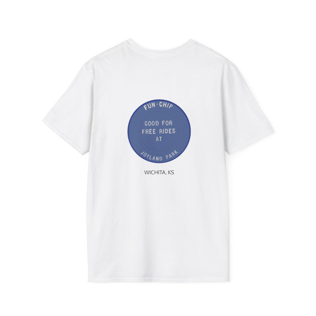 Sta-Krisp Fun Chip T-Shirt, image reproduced from an actual fun chip. "Good for free rides at joyland Park" on back, "Sta-Krisp Potato Chips, Fun Chip" on Front.
