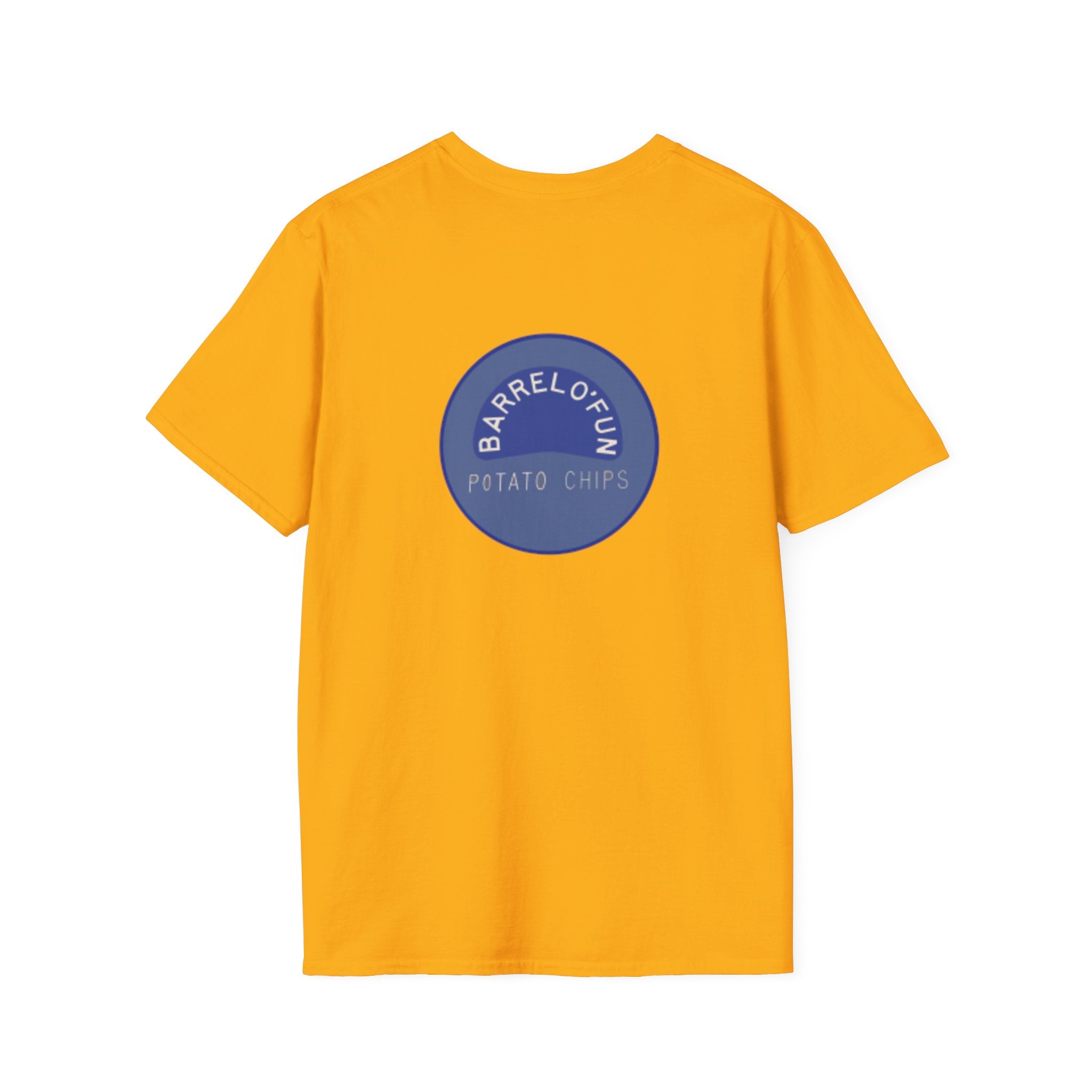 Sta-Krisp Fun Chip T-Shirt, "Fun Chip" on front, and "Barrel O'Fun image on back. Reproduced true to an original Blue chip found in a bag of Sta-Krisp potato chips.