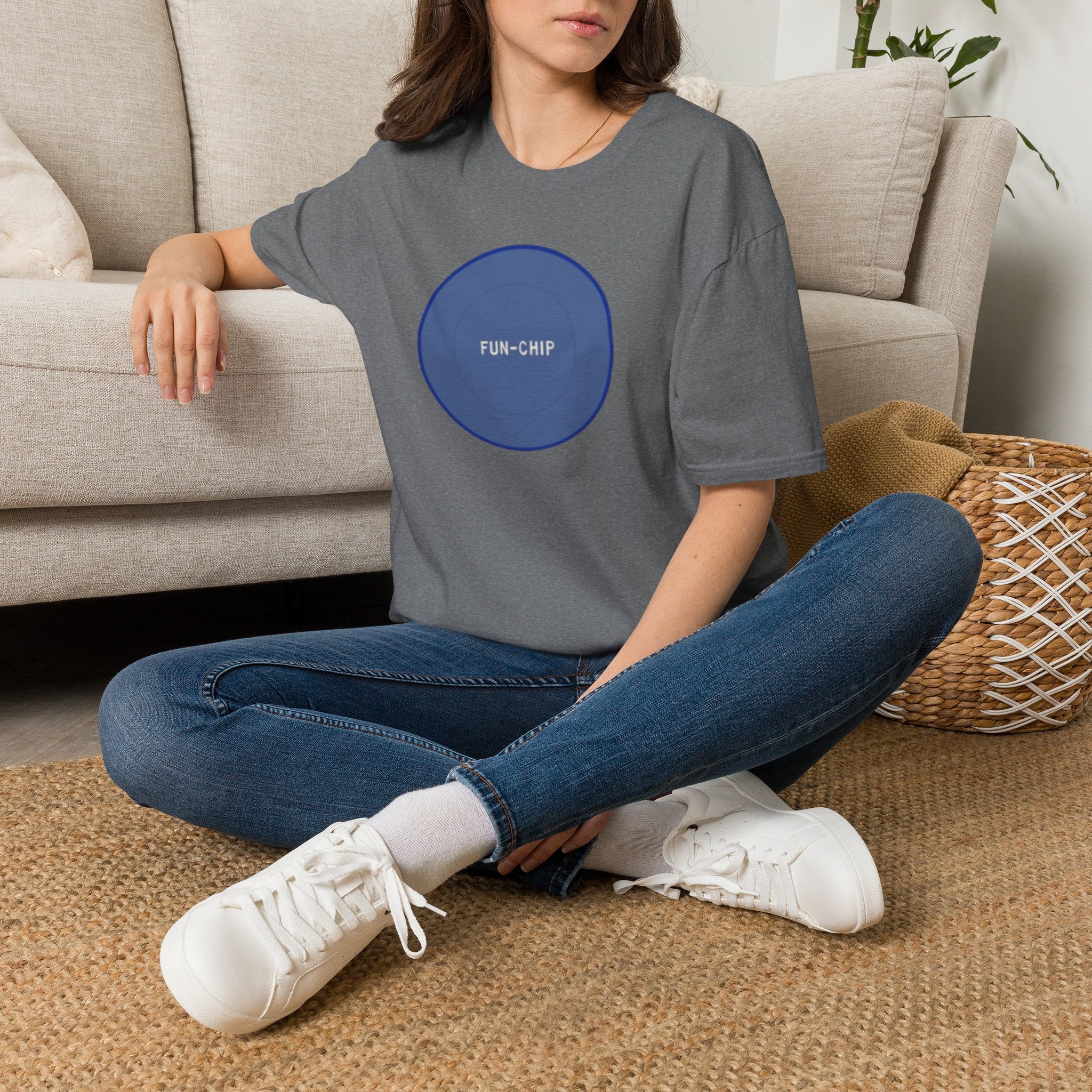 Sta-Krisp Fun Chip T-Shirt, "Fun Chip" on front, and "Barrel O'Fun image on back. Reproduced true to an original Blue chip found in a bag of Sta-Krisp potato chips.