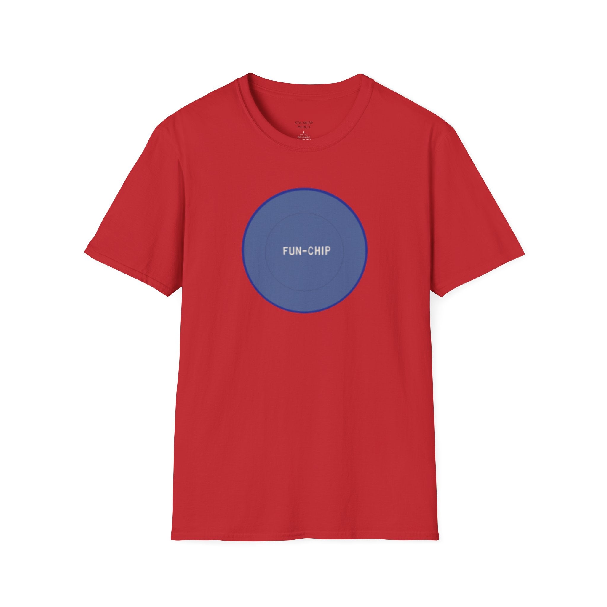 Sta-Krisp Fun Chip T-Shirt, "Fun Chip" on front, and "Barrel O'Fun image on back. Reproduced true to an original Blue chip found in a bag of Sta-Krisp potato chips.