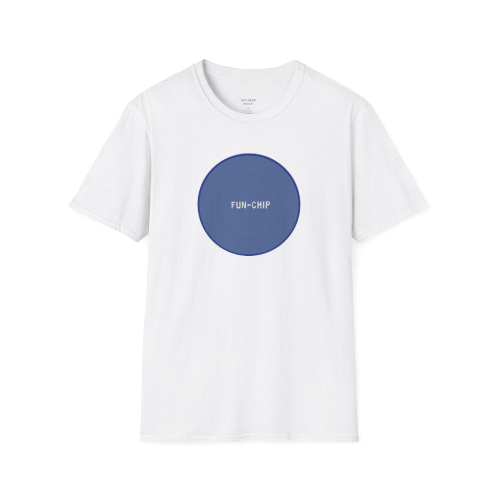 Sta-Krisp Fun Chip T-Shirt, "Fun Chip" on front, and "Barrel O'Fun image on back. Reproduced true to an original Blue chip found in a bag of Sta-Krisp potato chips.