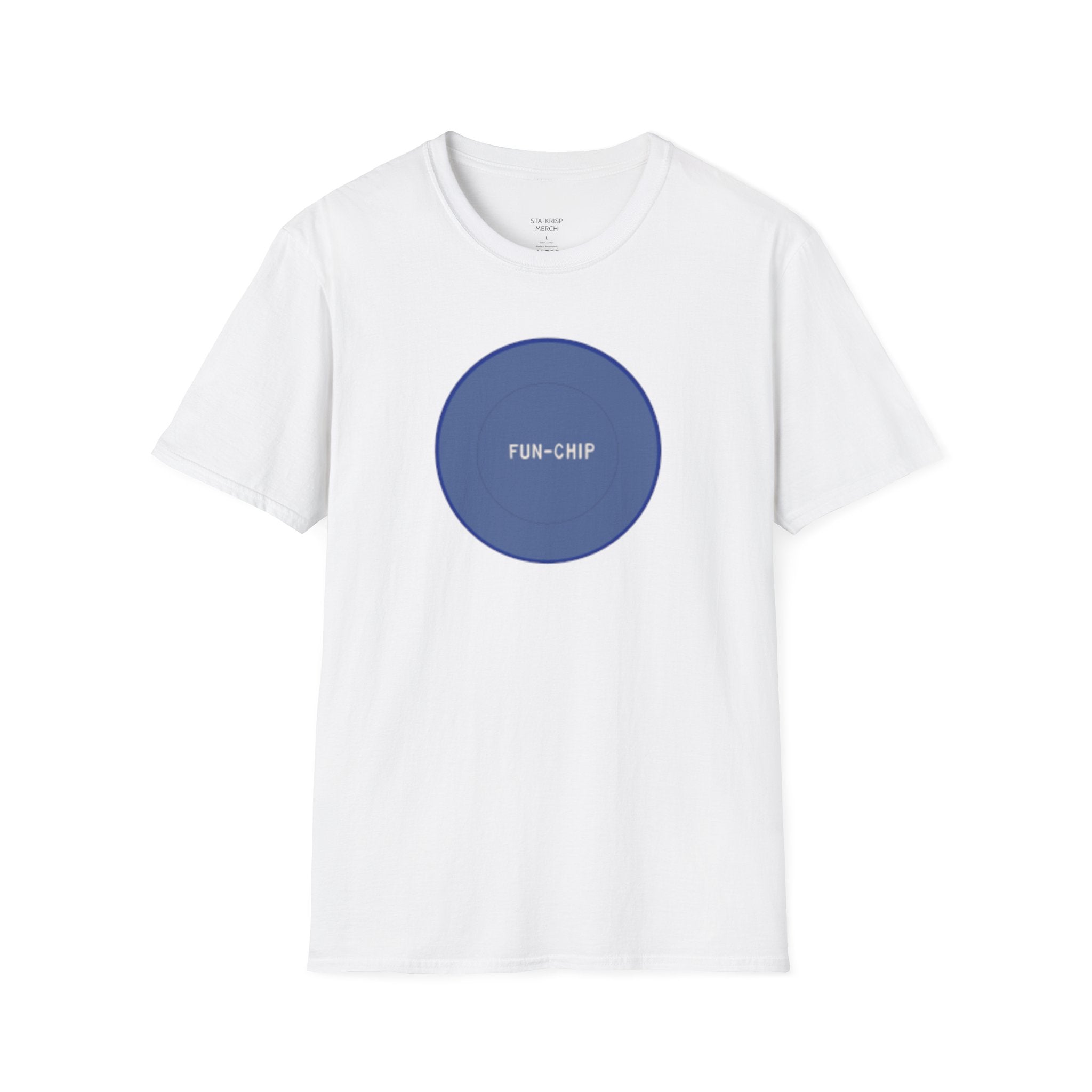 Sta-Krisp Fun Chip T-Shirt, "Fun Chip" on front, and "Barrel O'Fun image on back. Reproduced true to an original Blue chip found in a bag of Sta-Krisp potato chips.