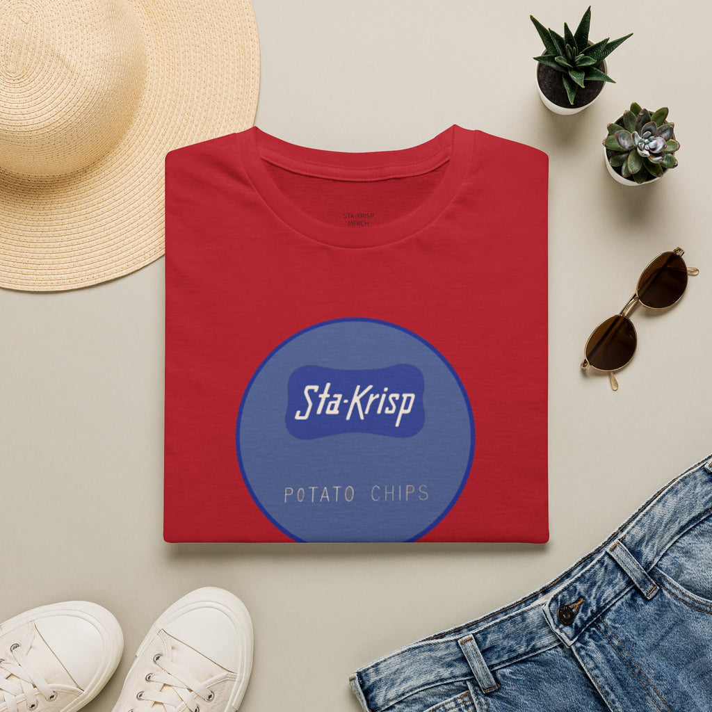 Sta-Krisp Fun Chip T-Shirt, image reproduced from an actual fun chip. "Good for free rides at joyland Park" on back, "Sta-Krisp Potato Chips, Fun Chip" on Front.