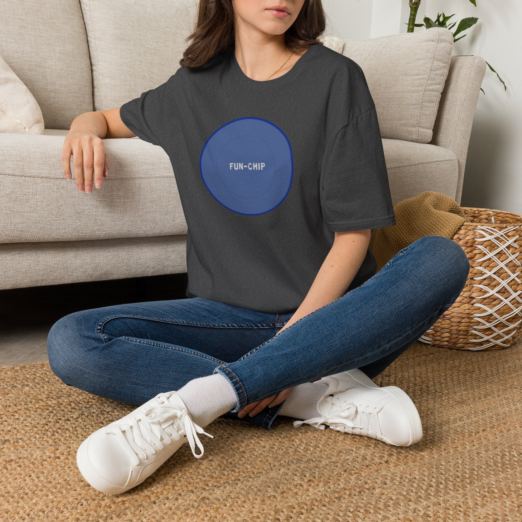 Sta-Krisp Fun Chip T-Shirt, "Fun Chip" on front, and "Barrel O'Fun image on back. Reproduced true to an original Blue chip found in a bag of Sta-Krisp potato chips.