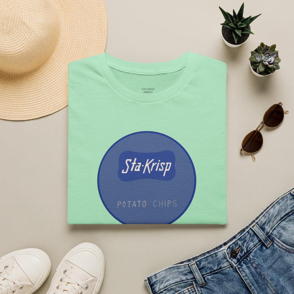 Sta-Krisp Fun Chip T-Shirt, image reproduced from an actual fun chip. "Good for free rides at joyland Park" on back, "Sta-Krisp Potato Chips, Fun Chip" on Front.