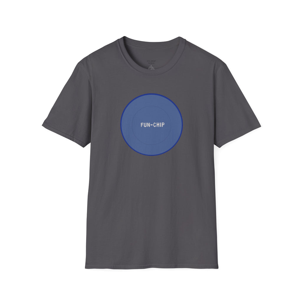 Sta-Krisp Fun Chip T-Shirt, "Fun Chip" on front, and "Barrel O'Fun image on back. Reproduced true to an original Blue chip found in a bag of Sta-Krisp potato chips.
