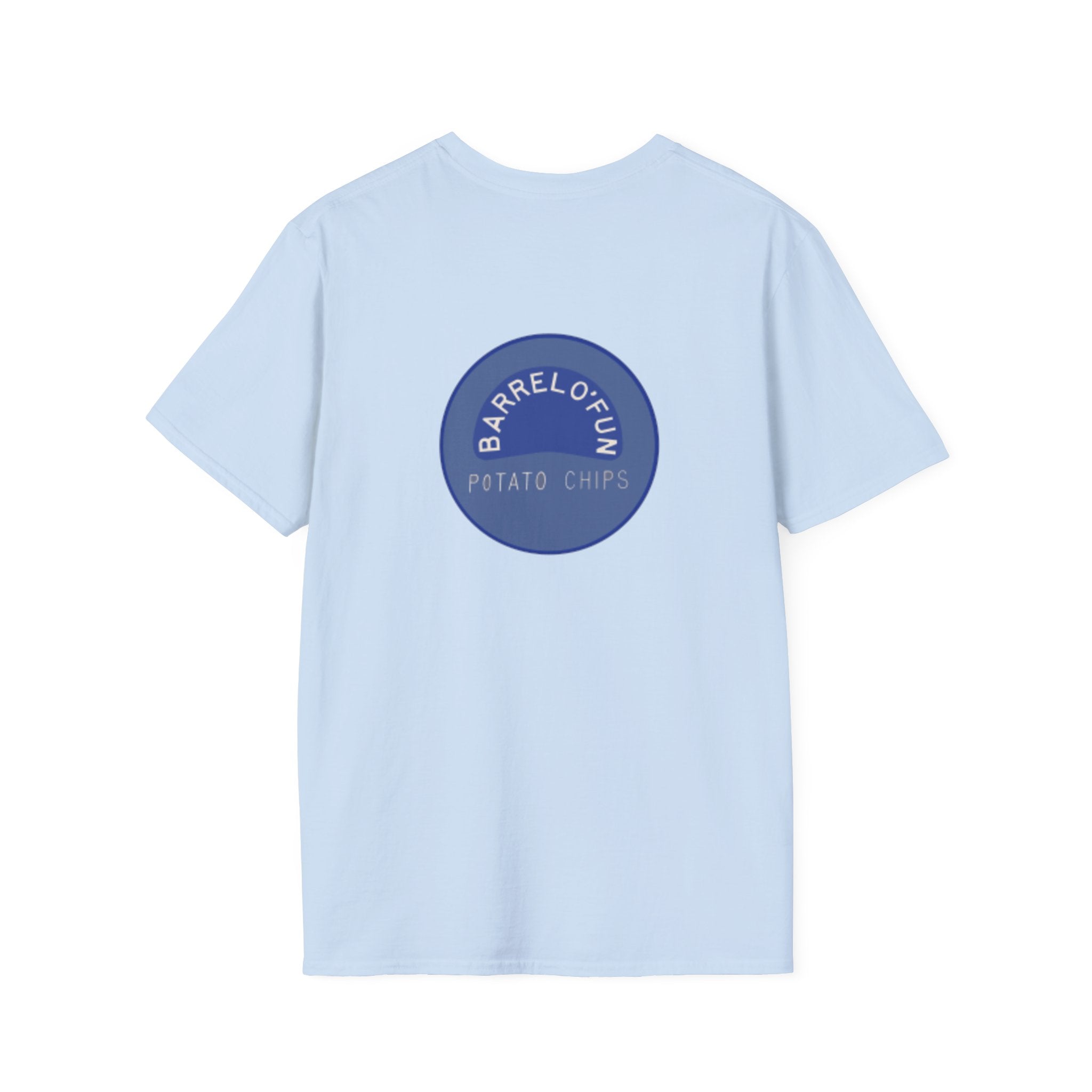 Sta-Krisp Fun Chip T-Shirt, "Fun Chip" on front, and "Barrel O'Fun image on back. Reproduced true to an original Blue chip found in a bag of Sta-Krisp potato chips.