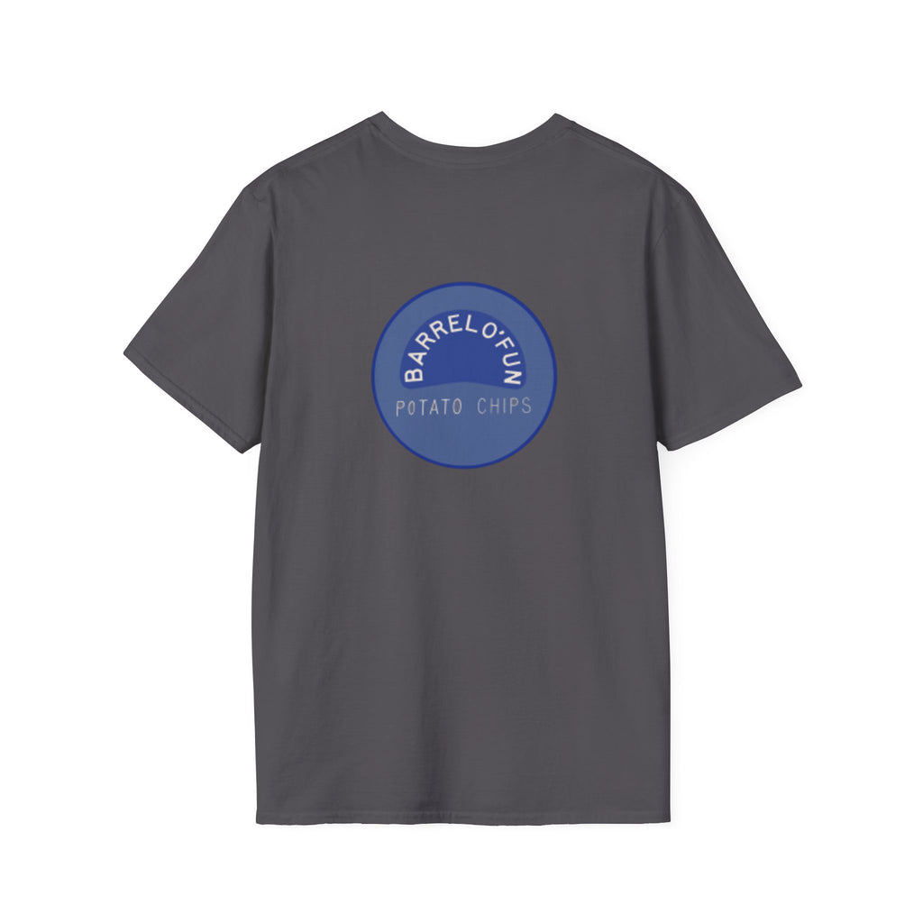 Sta-Krisp Fun Chip T-Shirt, "Fun Chip" on front, and "Barrel O'Fun image on back. Reproduced true to an original Blue chip found in a bag of Sta-Krisp potato chips.