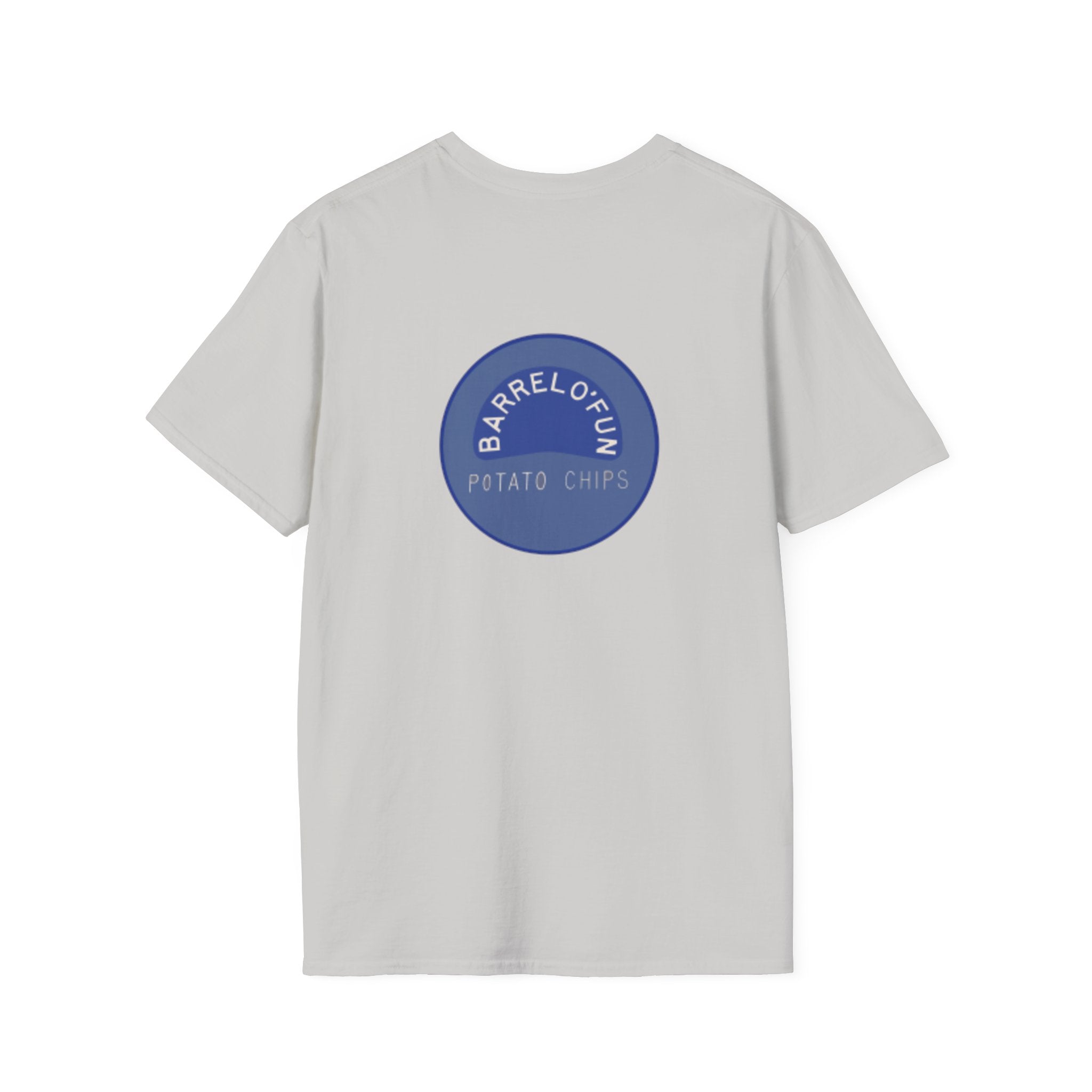 Sta-Krisp Fun Chip T-Shirt, "Fun Chip" on front, and "Barrel O'Fun image on back. Reproduced true to an original Blue chip found in a bag of Sta-Krisp potato chips.