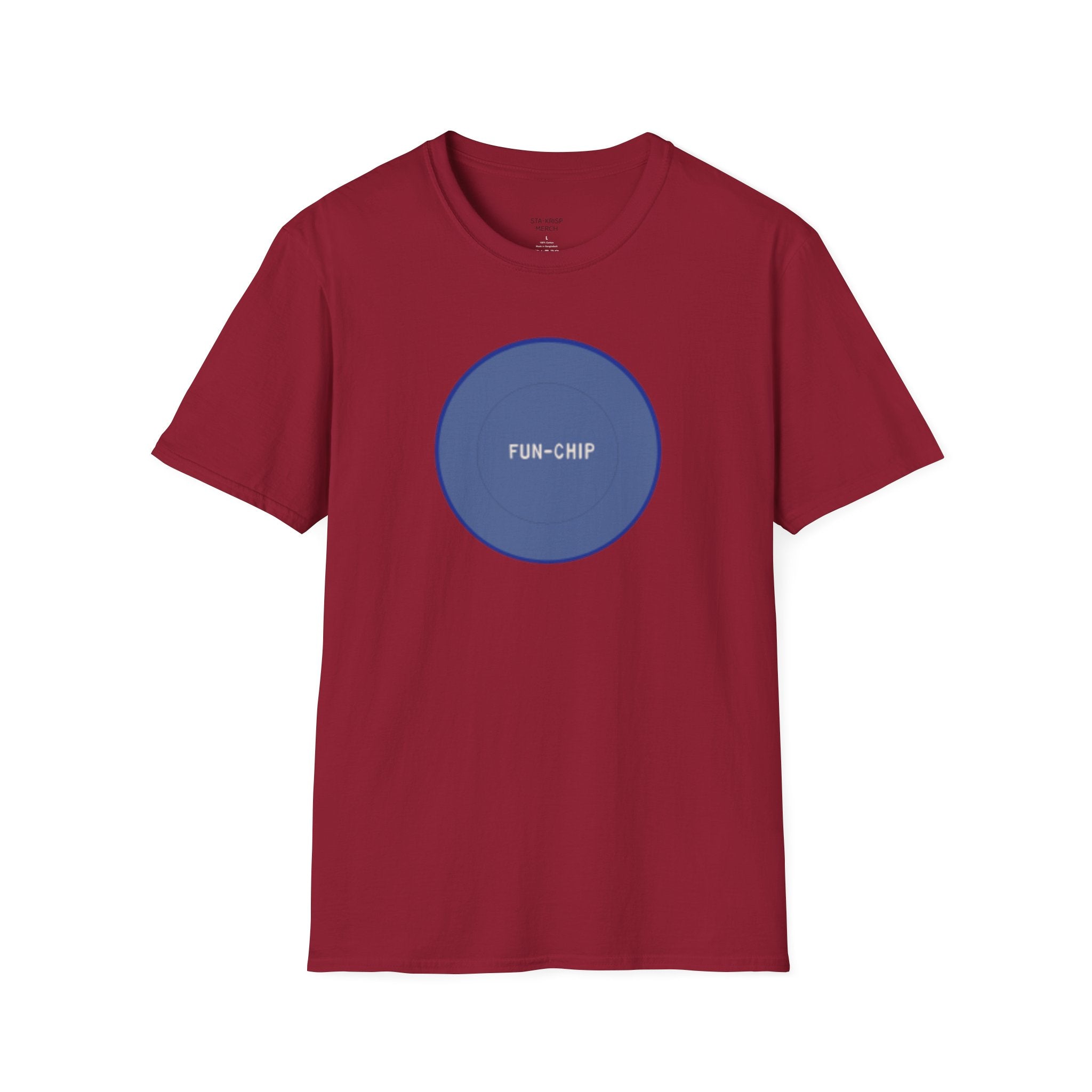 Sta-Krisp Fun Chip T-Shirt, "Fun Chip" on front, and "Barrel O'Fun image on back. Reproduced true to an original Blue chip found in a bag of Sta-Krisp potato chips.