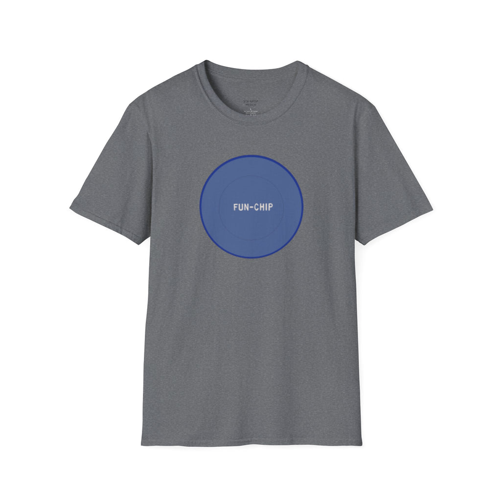 Sta-Krisp Fun Chip T-Shirt, "Fun Chip" on front, and "Barrel O'Fun image on back. Reproduced true to an original Blue chip found in a bag of Sta-Krisp potato chips.