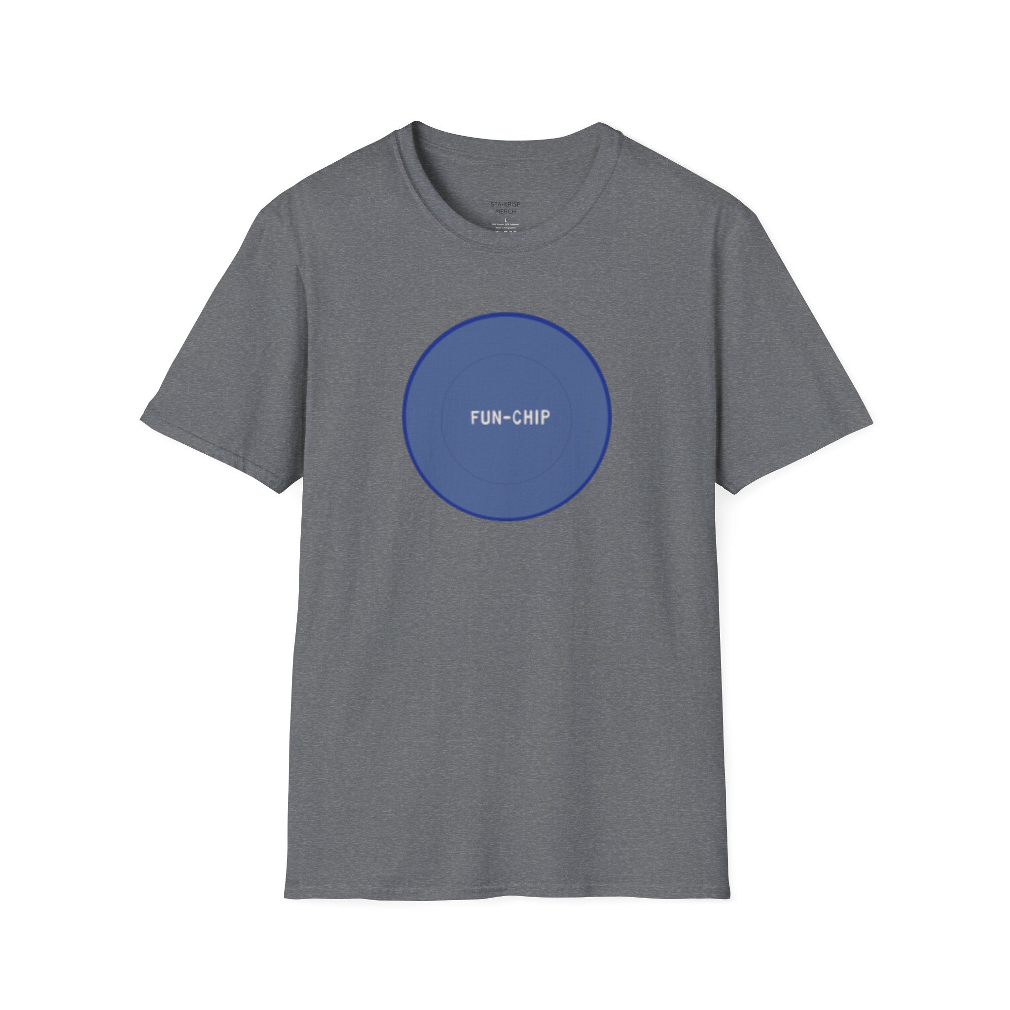 Sta-Krisp Fun Chip T-Shirt, "Fun Chip" on front, and "Barrel O'Fun image on back. Reproduced true to an original Blue chip found in a bag of Sta-Krisp potato chips.