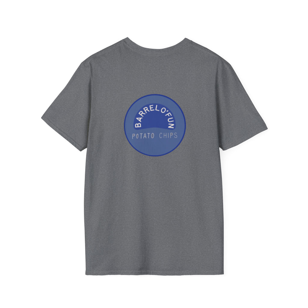 Sta-Krisp Fun Chip T-Shirt, "Fun Chip" on front, and "Barrel O'Fun image on back. Reproduced true to an original Blue chip found in a bag of Sta-Krisp potato chips.