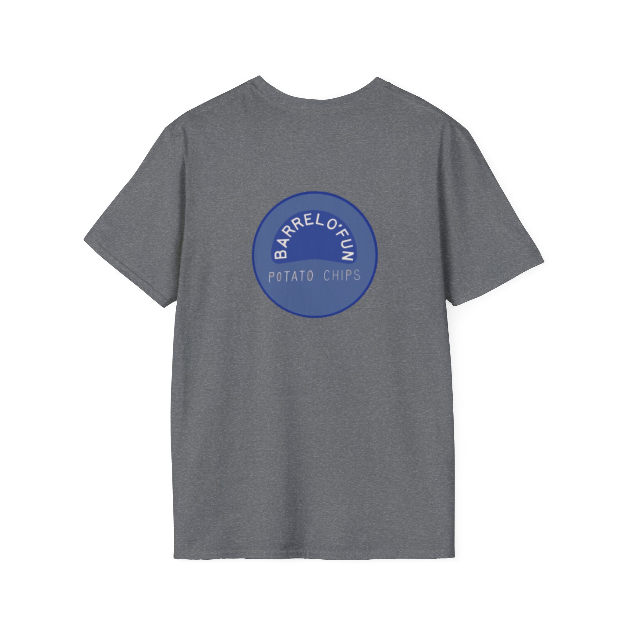 Sta-Krisp Fun Chip T-Shirt, "Fun Chip" on front, and "Barrel O'Fun image on back. Reproduced true to an original Blue chip found in a bag of Sta-Krisp potato chips.