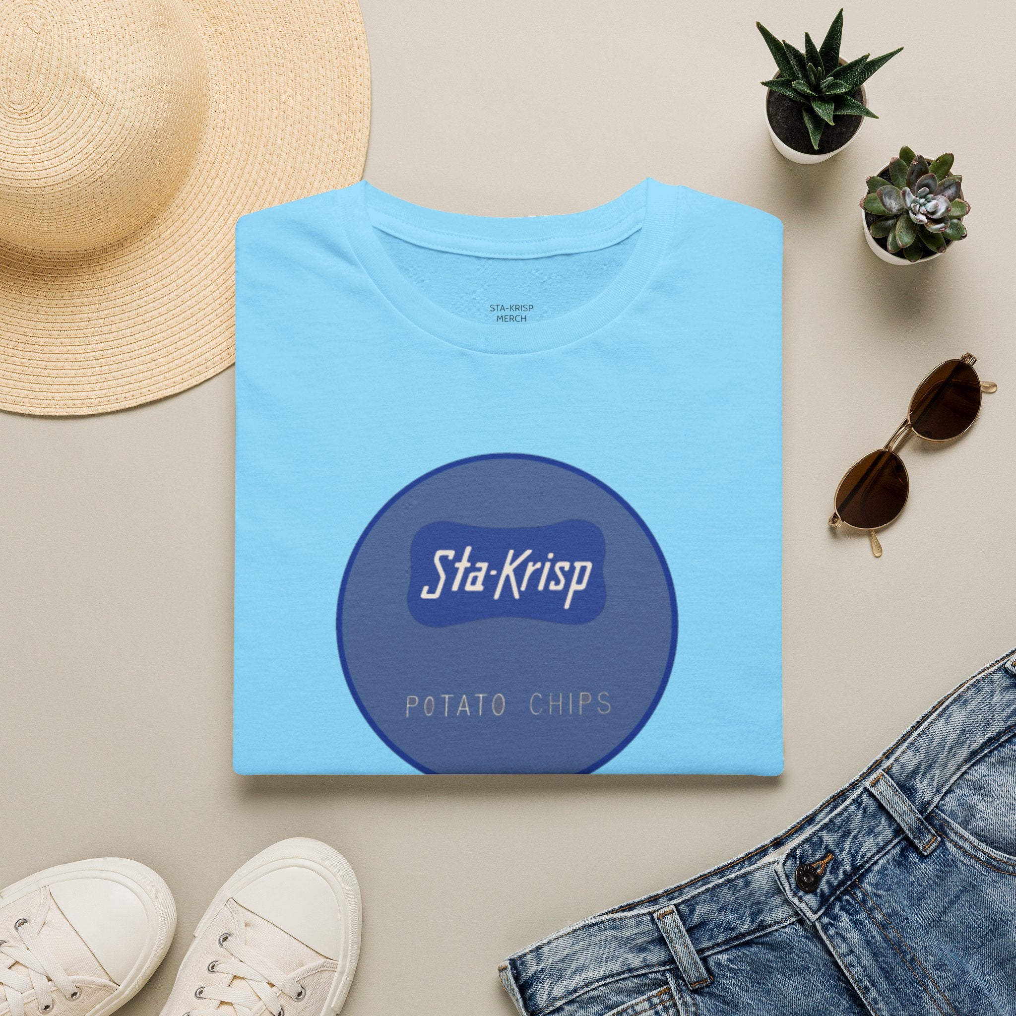Sta-Krisp Fun Chip T-Shirt, image reproduced from an actual fun chip. "Good for free rides at joyland Park" on back, "Sta-Krisp Potato Chips, Fun Chip" on Front.
