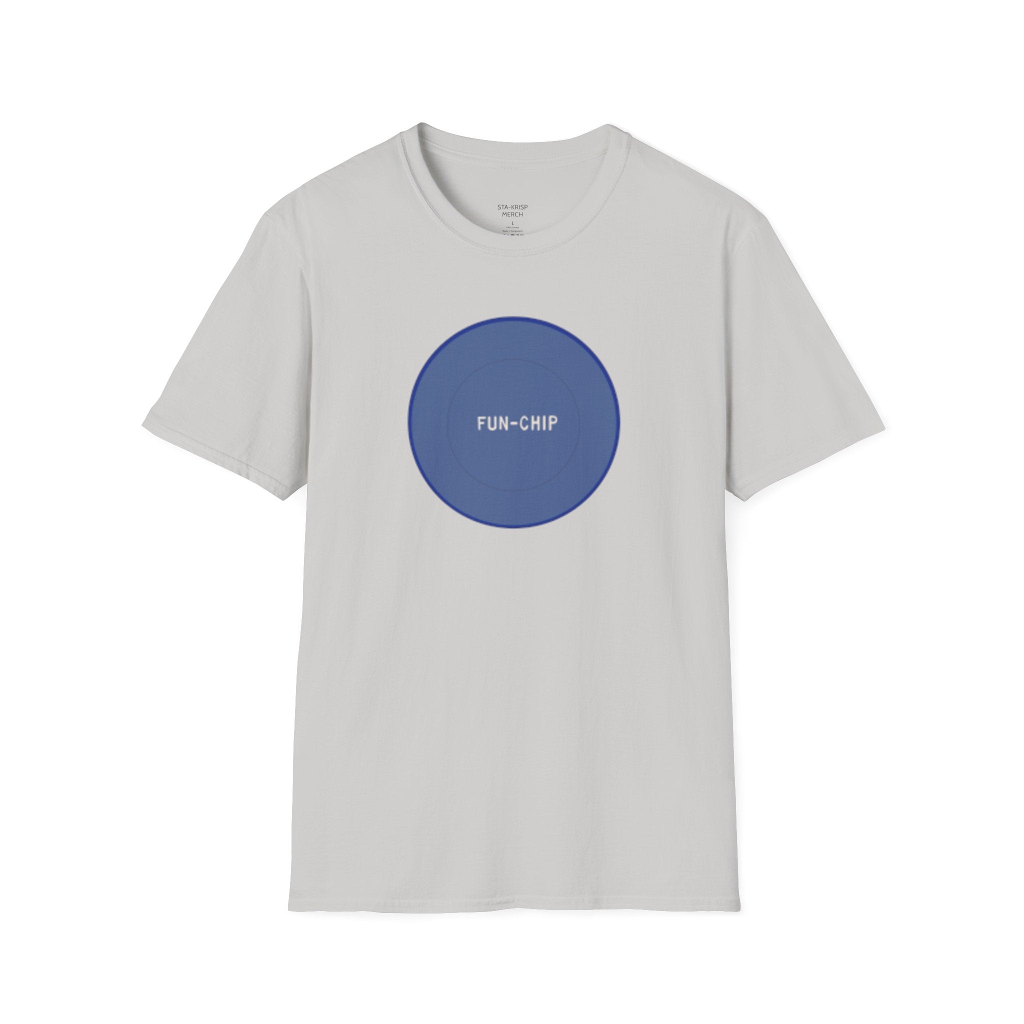 Sta-Krisp Fun Chip T-Shirt, "Fun Chip" on front, and "Barrel O'Fun image on back. Reproduced true to an original Blue chip found in a bag of Sta-Krisp potato chips.