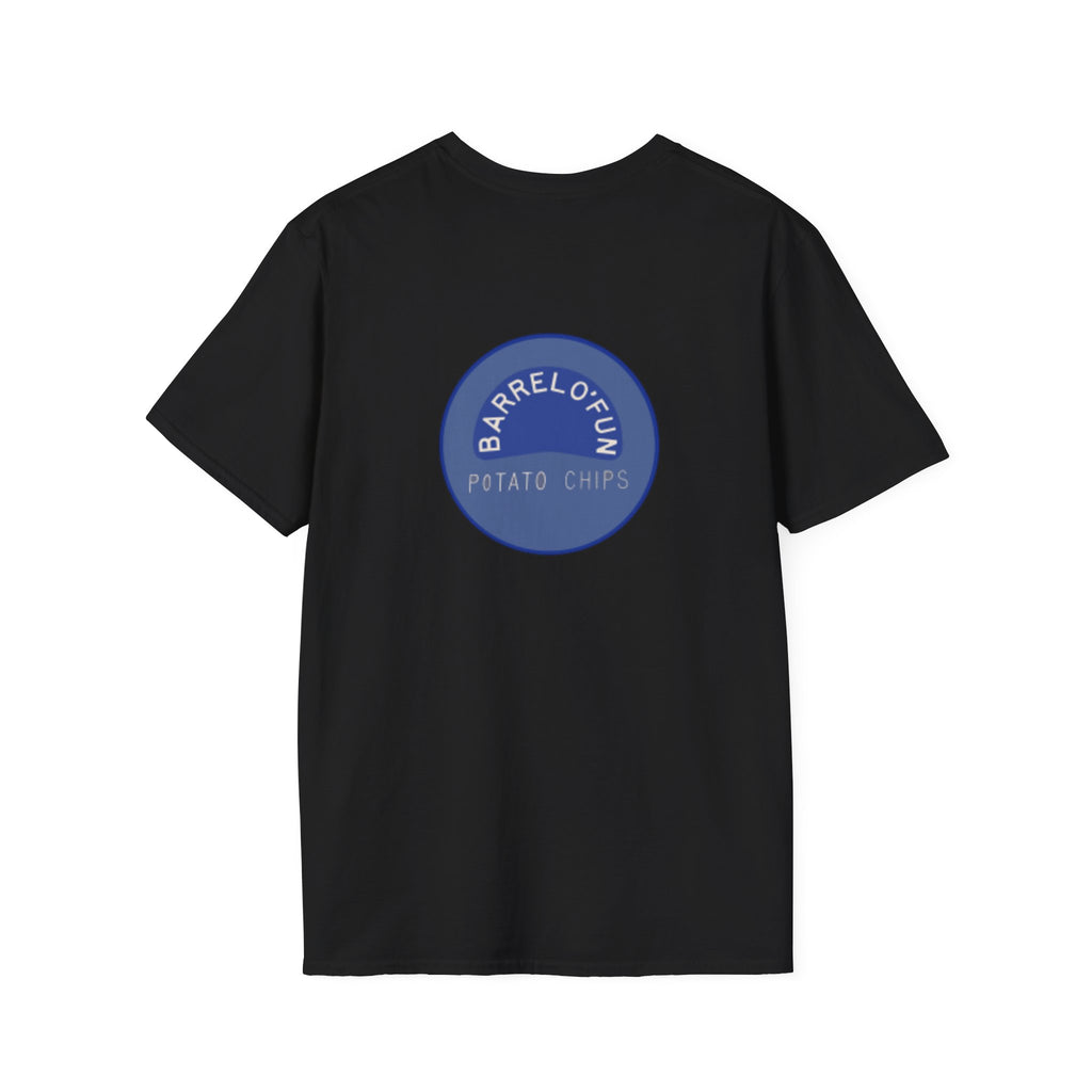 Sta-Krisp Fun Chip T-Shirt, "Fun Chip" on front, and "Barrel O'Fun image on back. Reproduced true to an original Blue chip found in a bag of Sta-Krisp potato chips.
