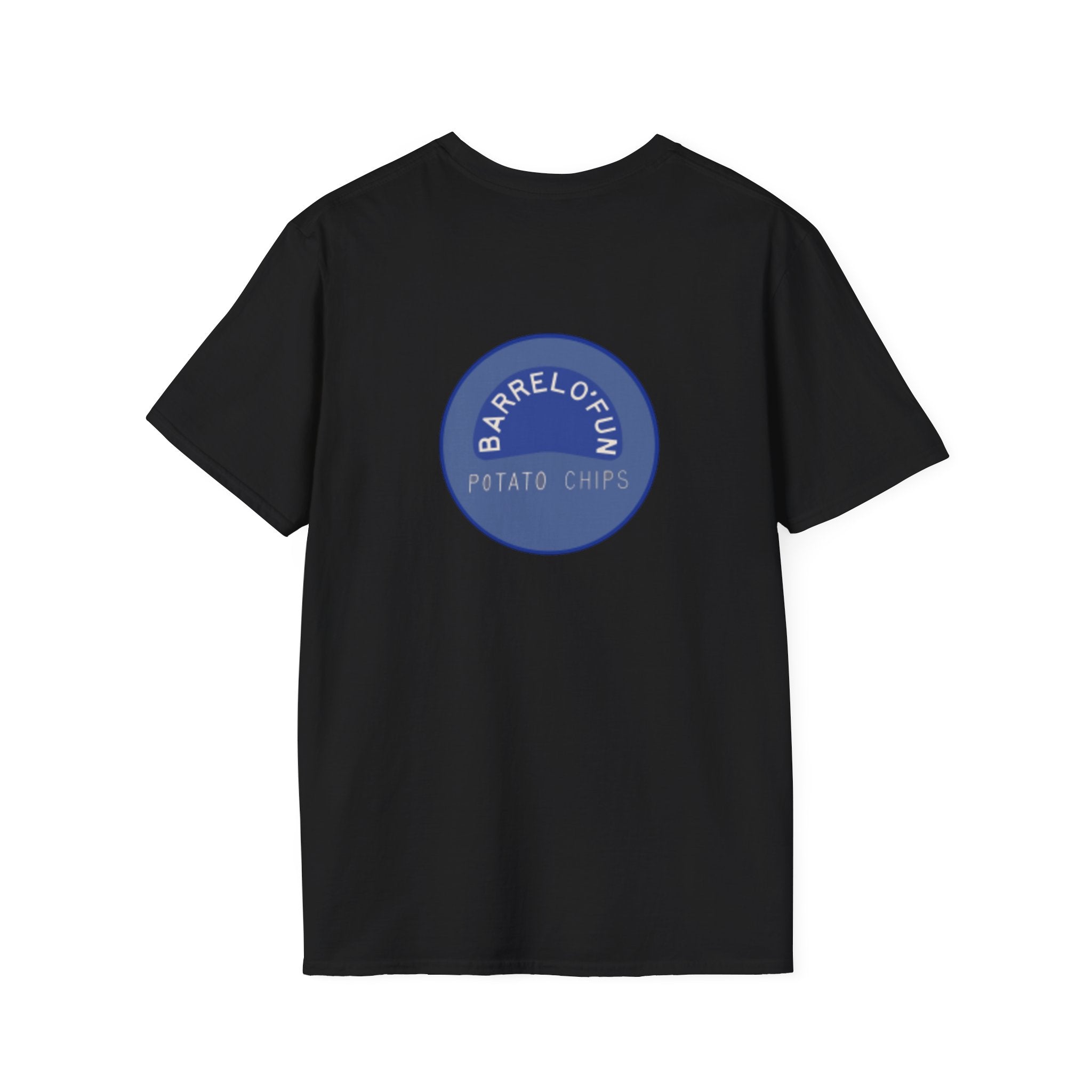Sta-Krisp Fun Chip T-Shirt, "Fun Chip" on front, and "Barrel O'Fun image on back. Reproduced true to an original Blue chip found in a bag of Sta-Krisp potato chips.