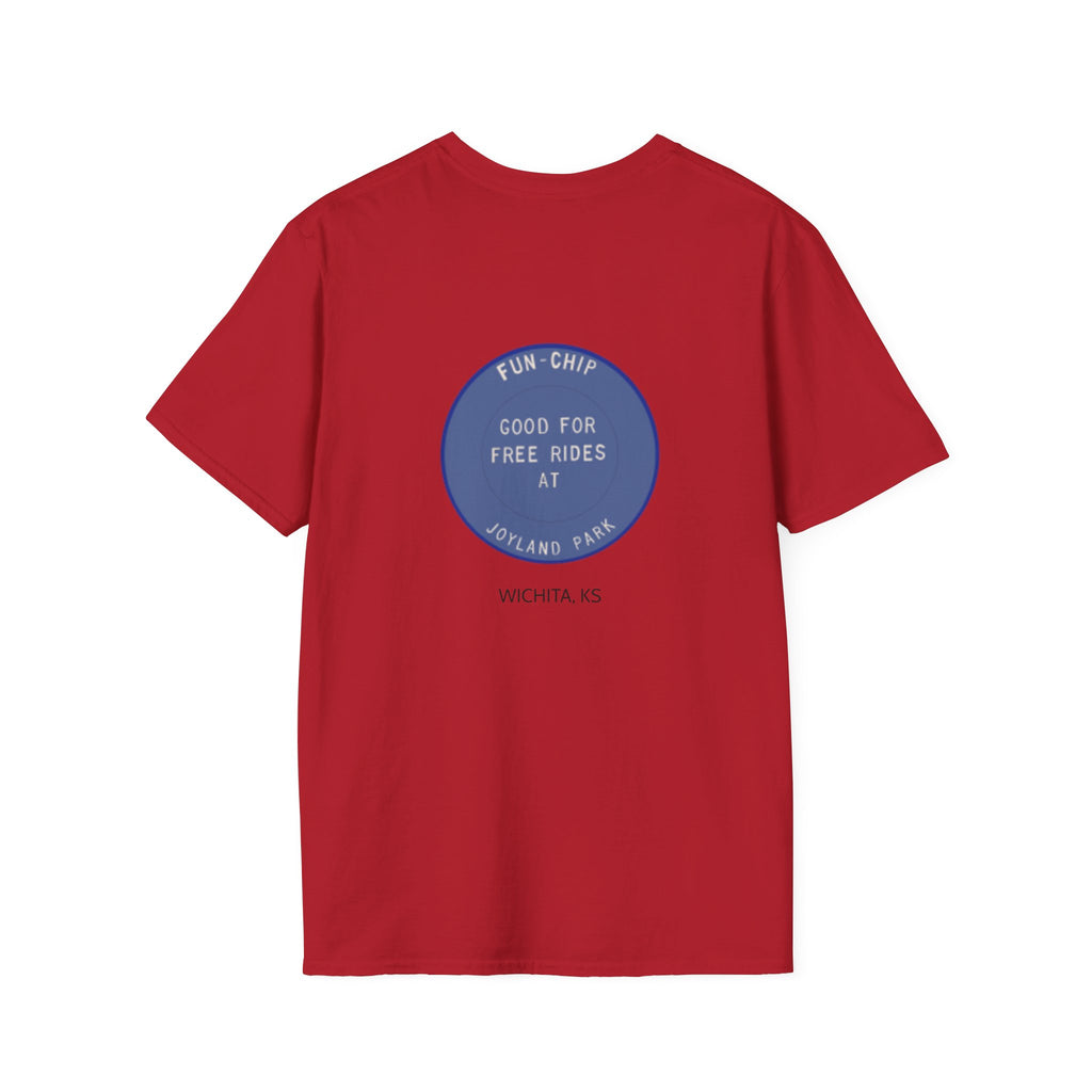 Sta-Krisp Fun Chip T-Shirt, image reproduced from an actual fun chip. "Good for free rides at joyland Park" on back, "Sta-Krisp Potato Chips, Fun Chip" on Front.