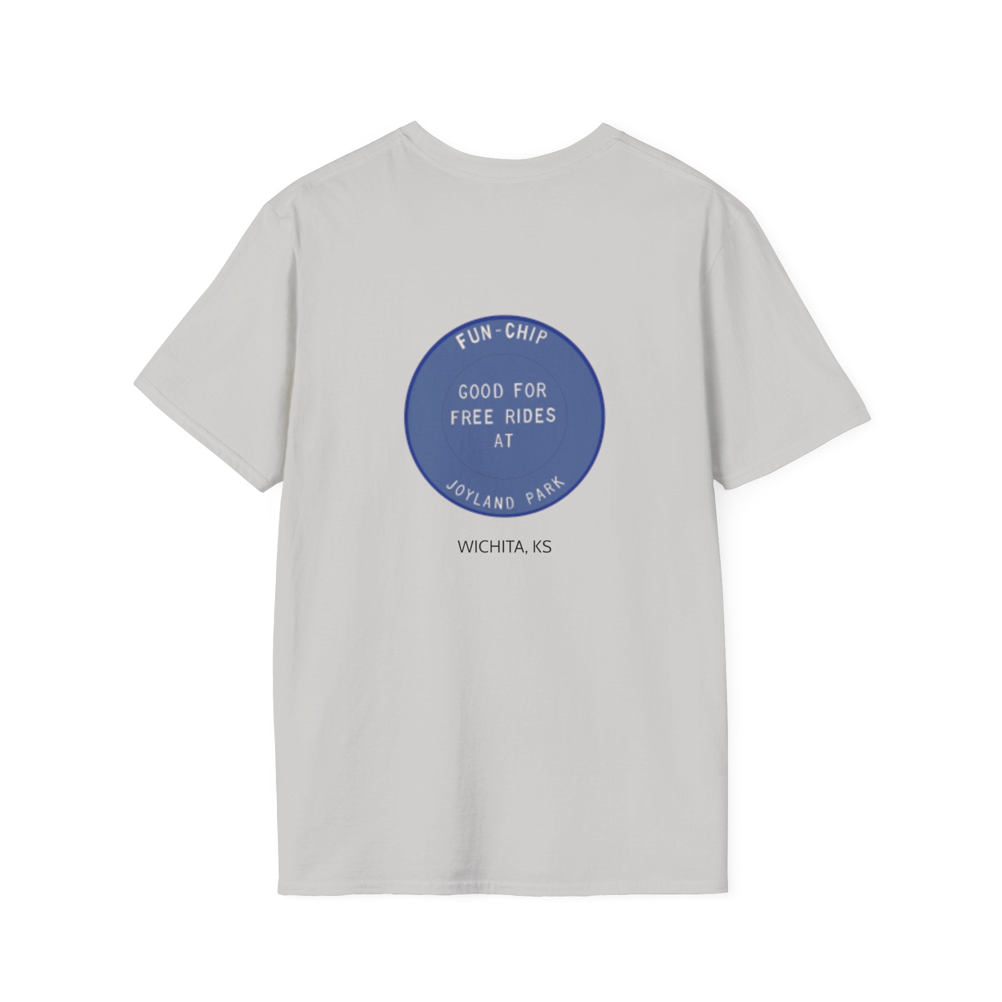 Sta-Krisp Fun Chip T-Shirt, image reproduced from an actual fun chip. "Good for free rides at joyland Park" on back, "Sta-Krisp Potato Chips, Fun Chip" on Front.