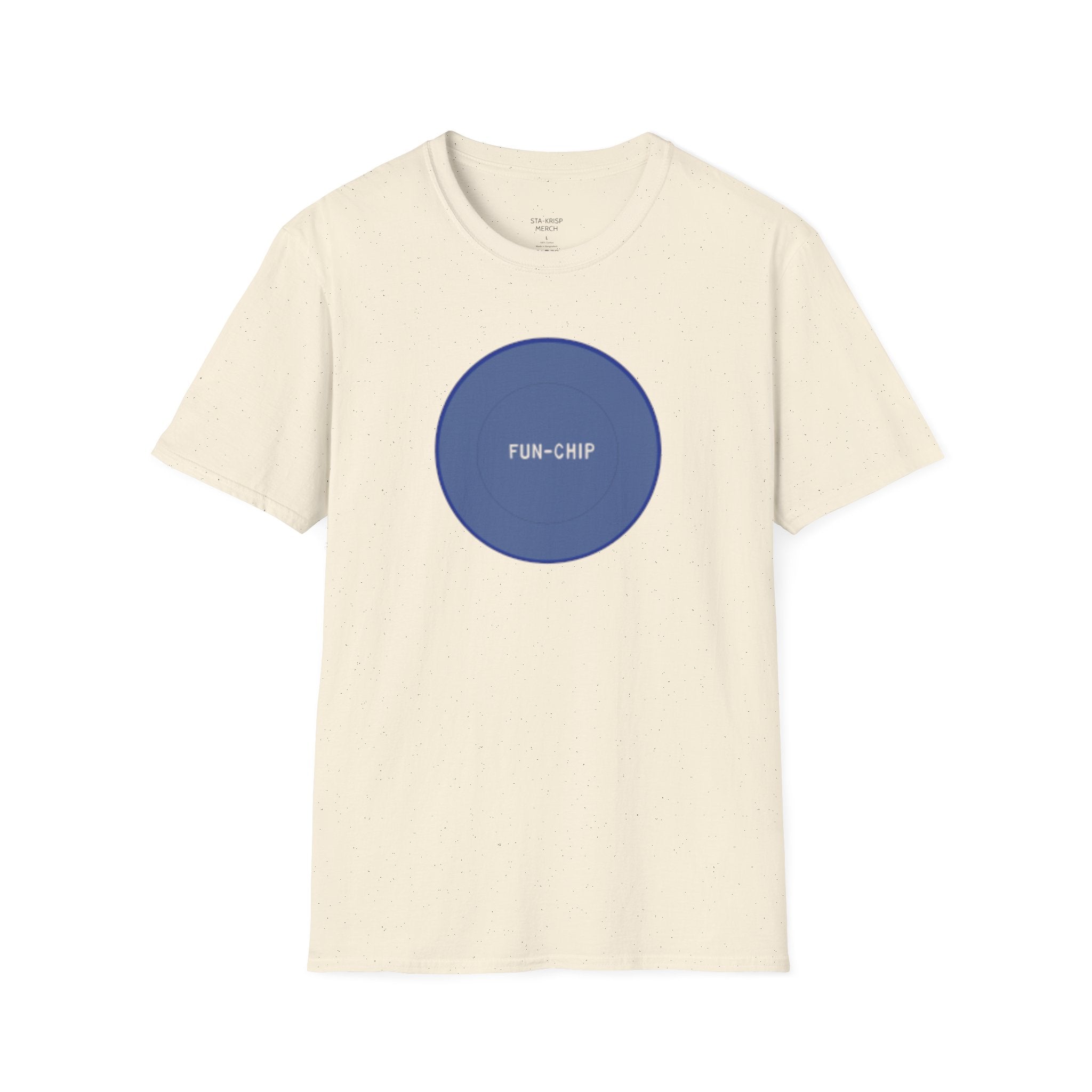 Sta-Krisp Fun Chip T-Shirt, "Fun Chip" on front, and "Barrel O'Fun image on back. Reproduced true to an original Blue chip found in a bag of Sta-Krisp potato chips.