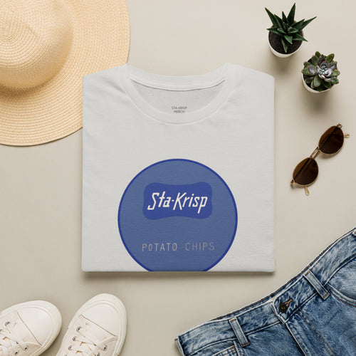 Sta-Krisp Fun Chip T-Shirt, image reproduced from an actual fun chip. "Good for free rides at joyland Park" on back, "Sta-Krisp Potato Chips, Fun Chip" on Front.