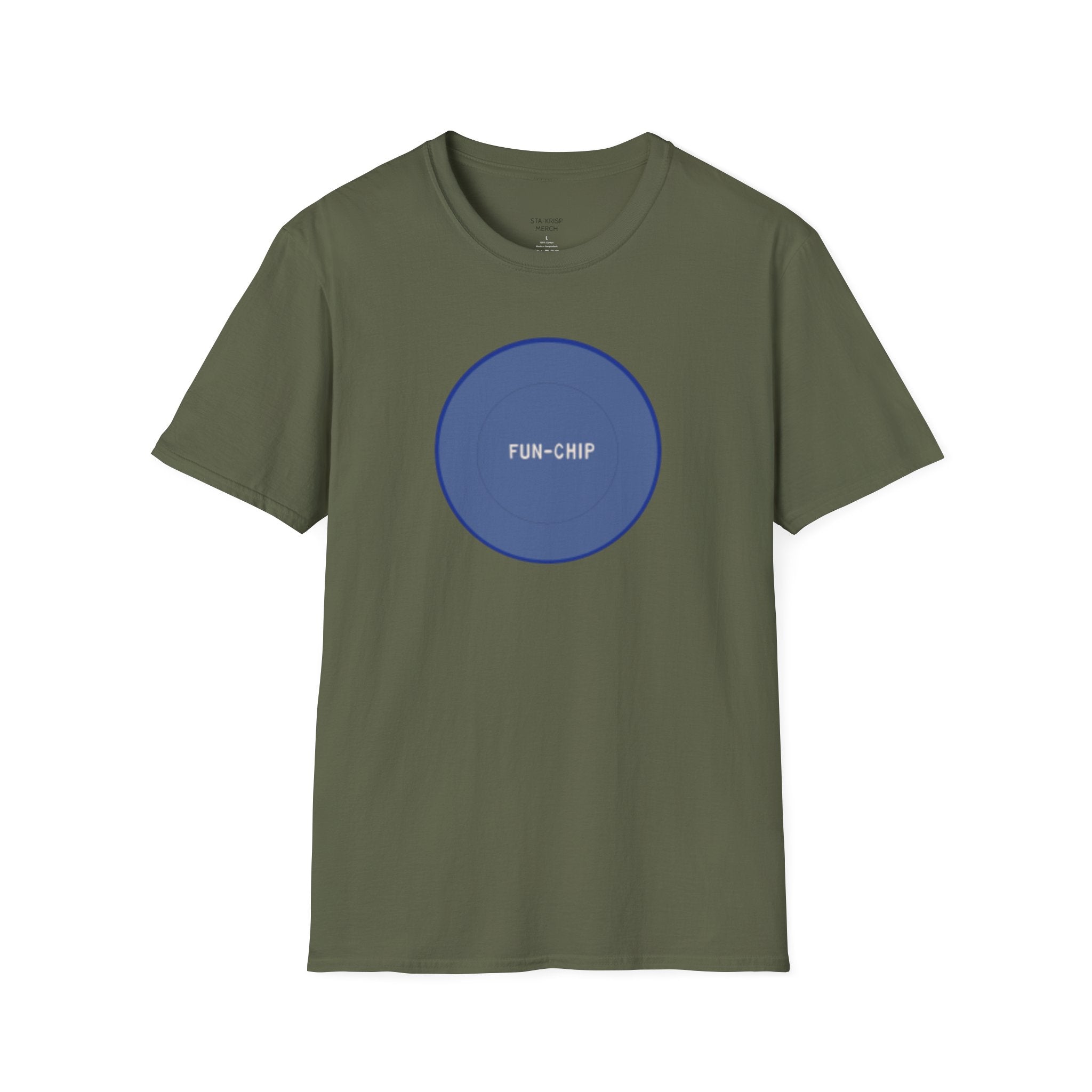 Sta-Krisp Fun Chip T-Shirt, "Fun Chip" on front, and "Barrel O'Fun image on back. Reproduced true to an original Blue chip found in a bag of Sta-Krisp potato chips.