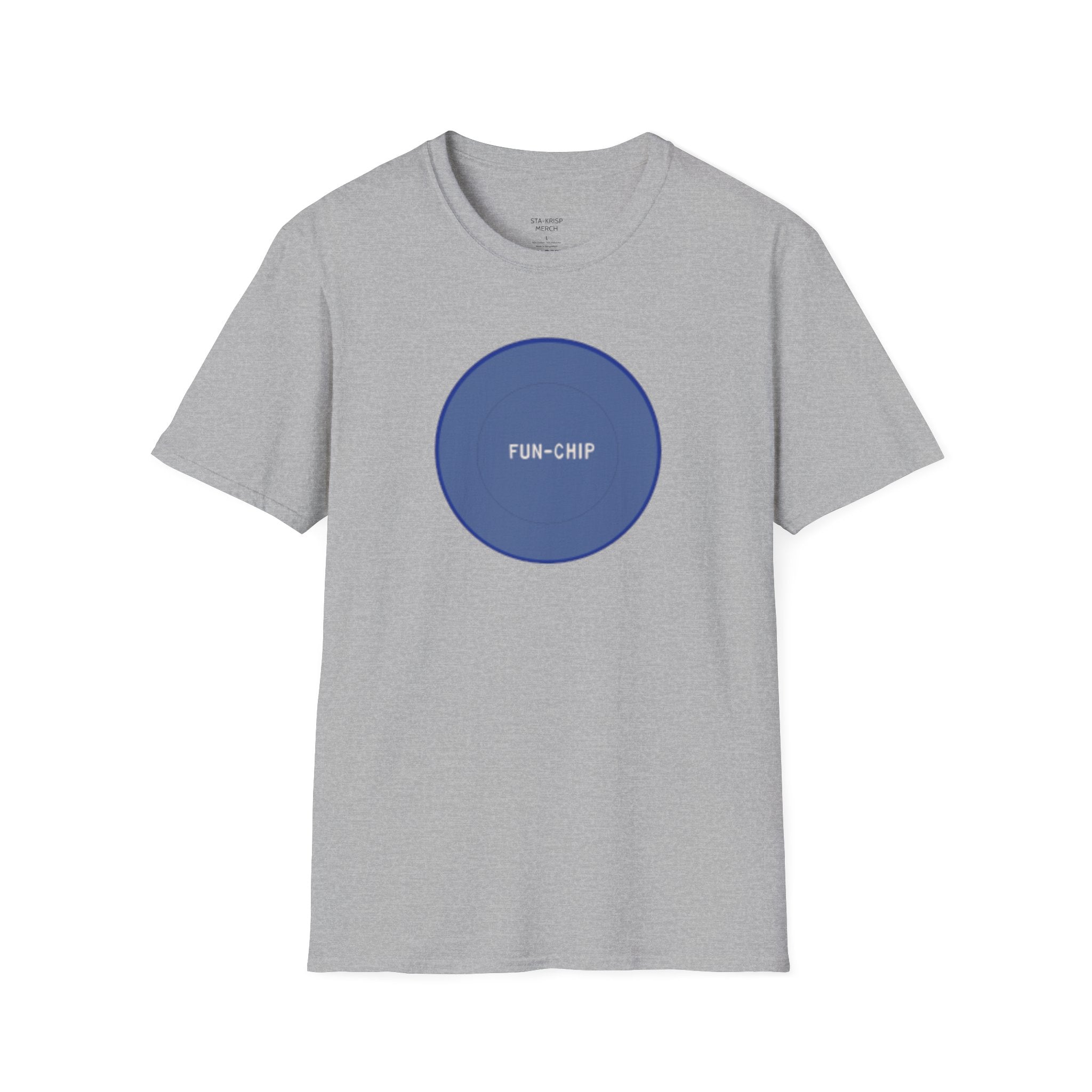 Sta-Krisp Fun Chip T-Shirt, "Fun Chip" on front, and "Barrel O'Fun image on back. Reproduced true to an original Blue chip found in a bag of Sta-Krisp potato chips.