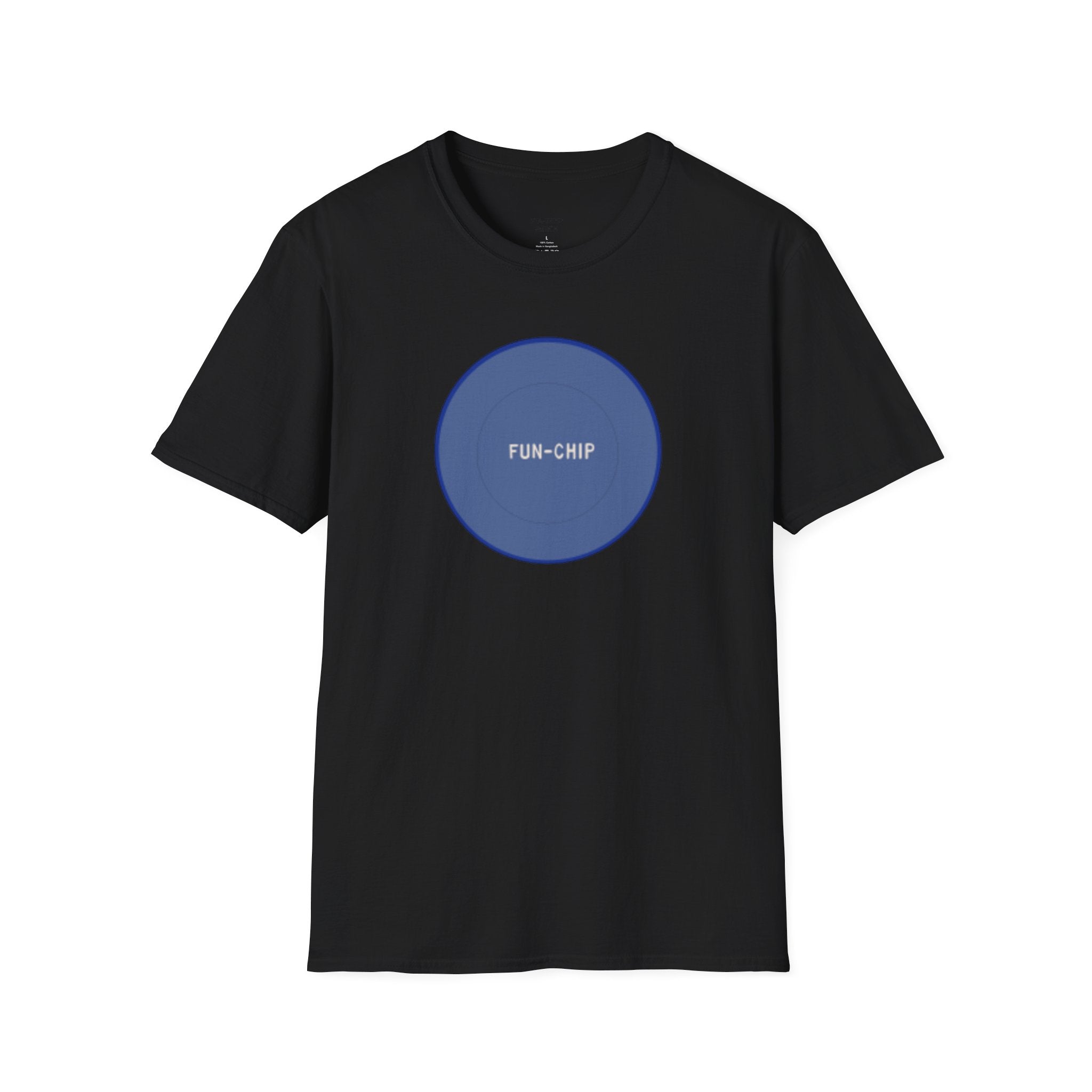 Sta-Krisp Fun Chip T-Shirt, "Fun Chip" on front, and "Barrel O'Fun image on back. Reproduced true to an original Blue chip found in a bag of Sta-Krisp potato chips.