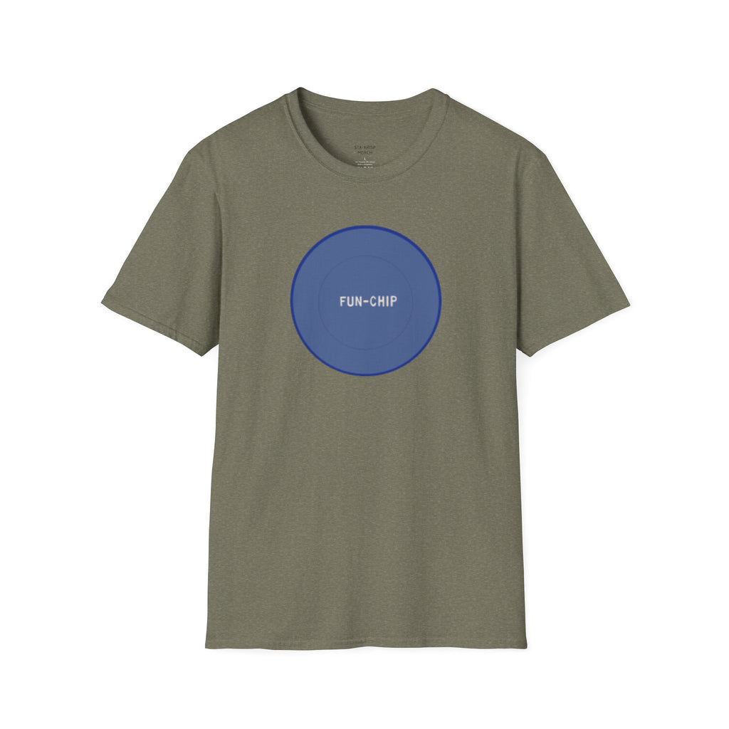 Sta-Krisp Fun Chip T-Shirt, "Fun Chip" on front, and "Barrel O'Fun image on back. Reproduced true to an original Blue chip found in a bag of Sta-Krisp potato chips.