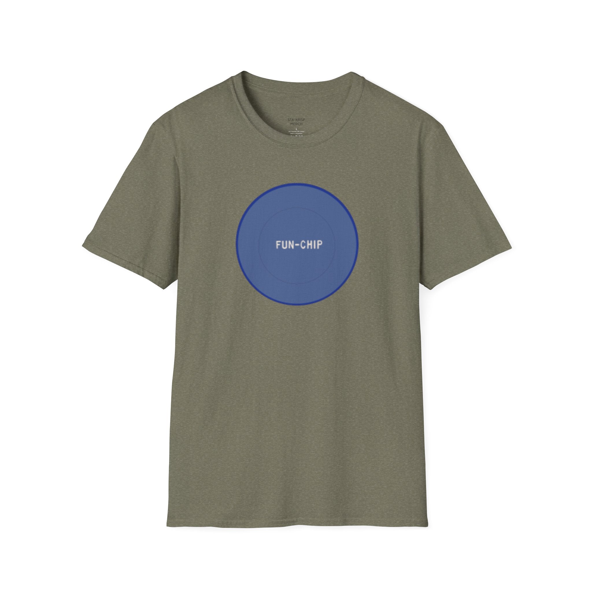 Sta-Krisp Fun Chip T-Shirt, "Fun Chip" on front, and "Barrel O'Fun image on back. Reproduced true to an original Blue chip found in a bag of Sta-Krisp potato chips.