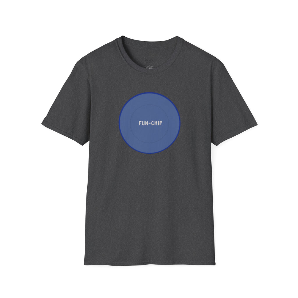 Sta-Krisp Fun Chip T-Shirt, "Fun Chip" on front, and "Barrel O'Fun image on back. Reproduced true to an original Blue chip found in a bag of Sta-Krisp potato chips.