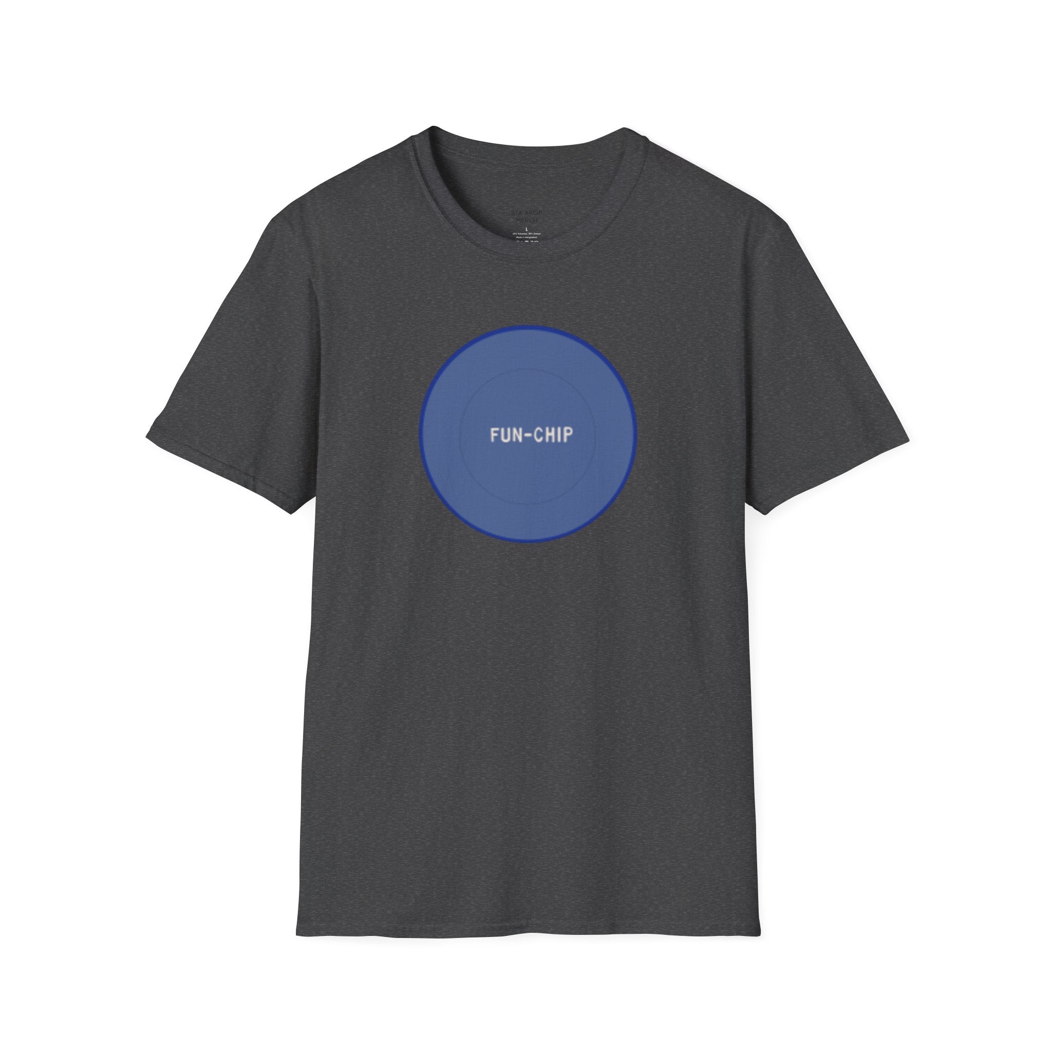 Sta-Krisp Fun Chip T-Shirt, "Fun Chip" on front, and "Barrel O'Fun image on back. Reproduced true to an original Blue chip found in a bag of Sta-Krisp potato chips.