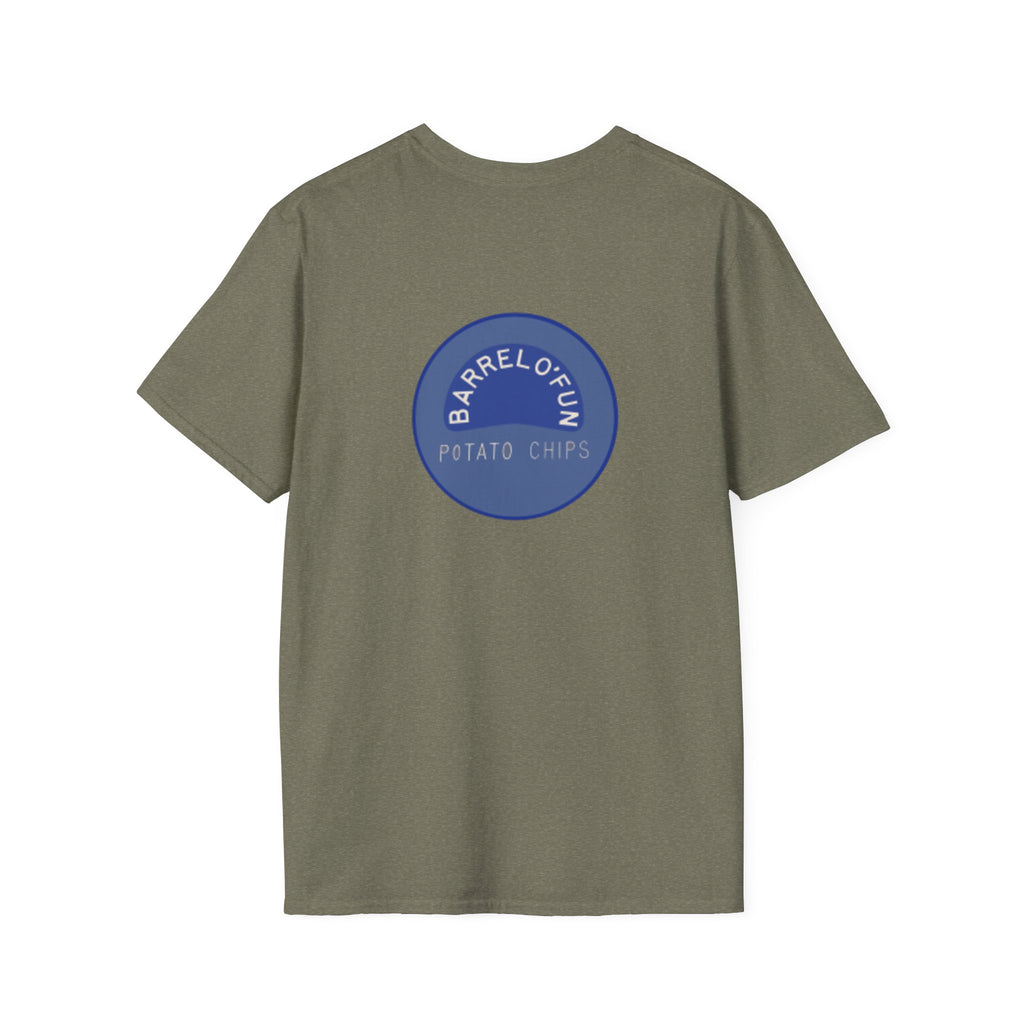 Sta-Krisp Fun Chip T-Shirt, "Fun Chip" on front, and "Barrel O'Fun image on back. Reproduced true to an original Blue chip found in a bag of Sta-Krisp potato chips.