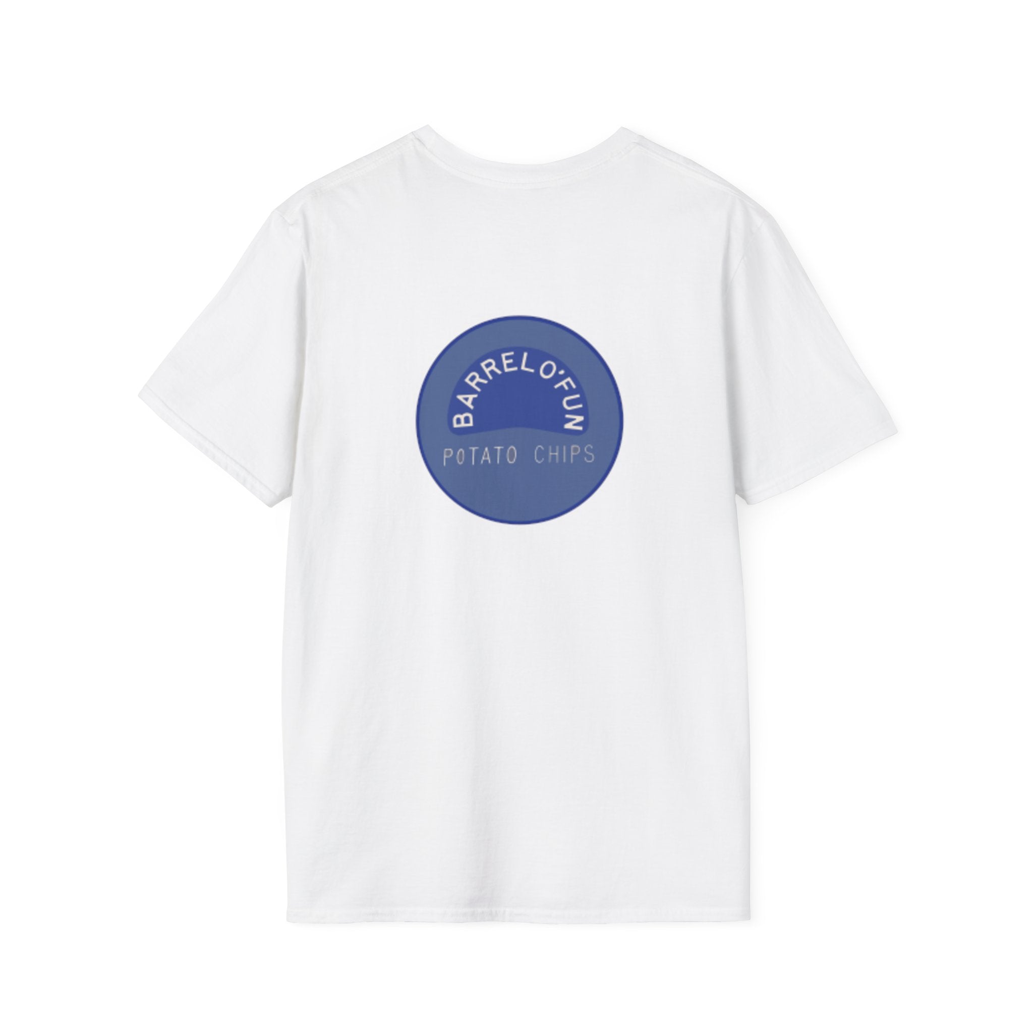 Sta-Krisp Fun Chip T-Shirt, "Fun Chip" on front, and "Barrel O'Fun image on back. Reproduced true to an original Blue chip found in a bag of Sta-Krisp potato chips.
